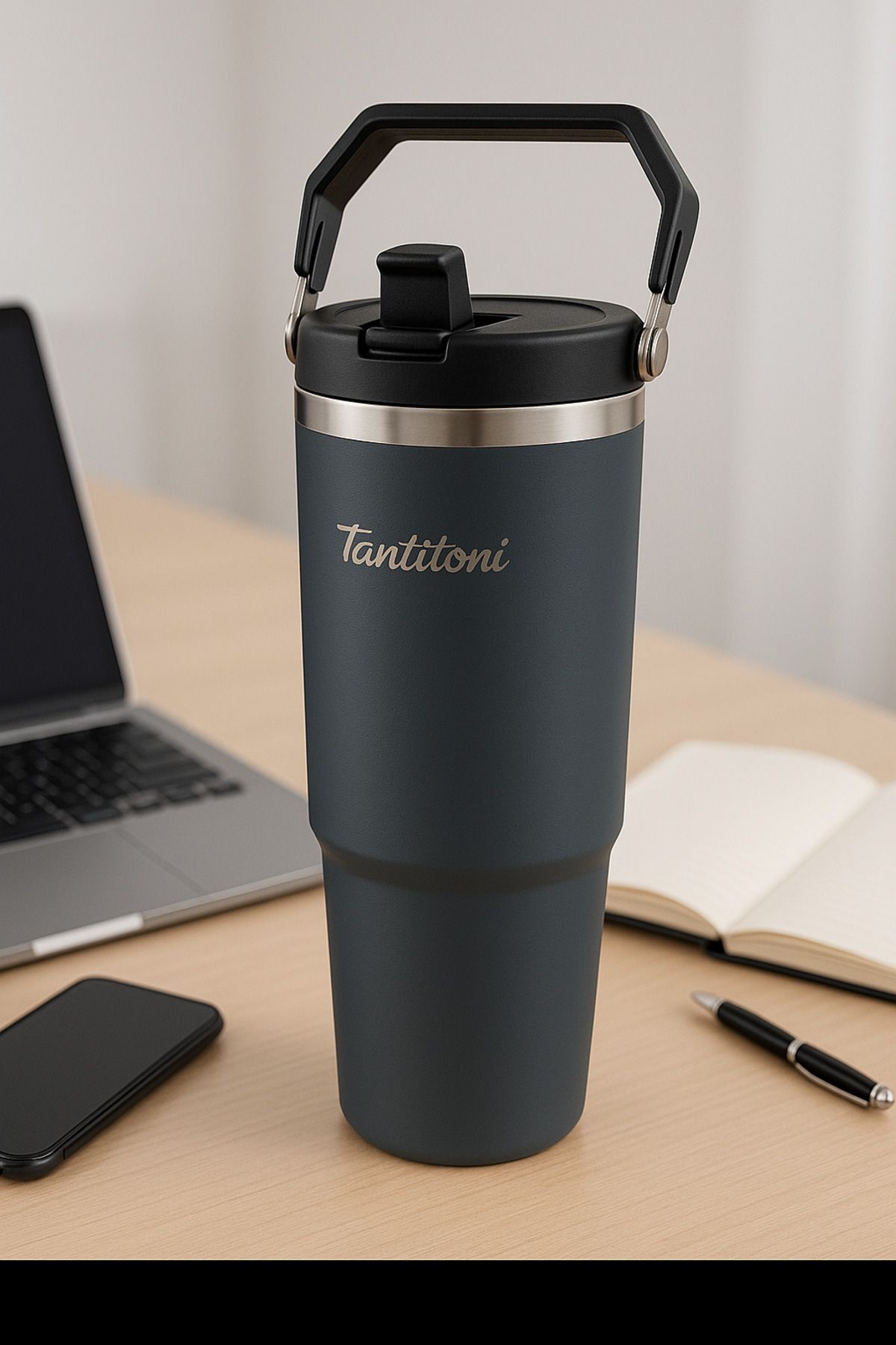 Tantitoni Shela Çelik Kulplu - Aç-Kapa Pipetli - 900 ML Premium Termos - Paslanmaz Çelik