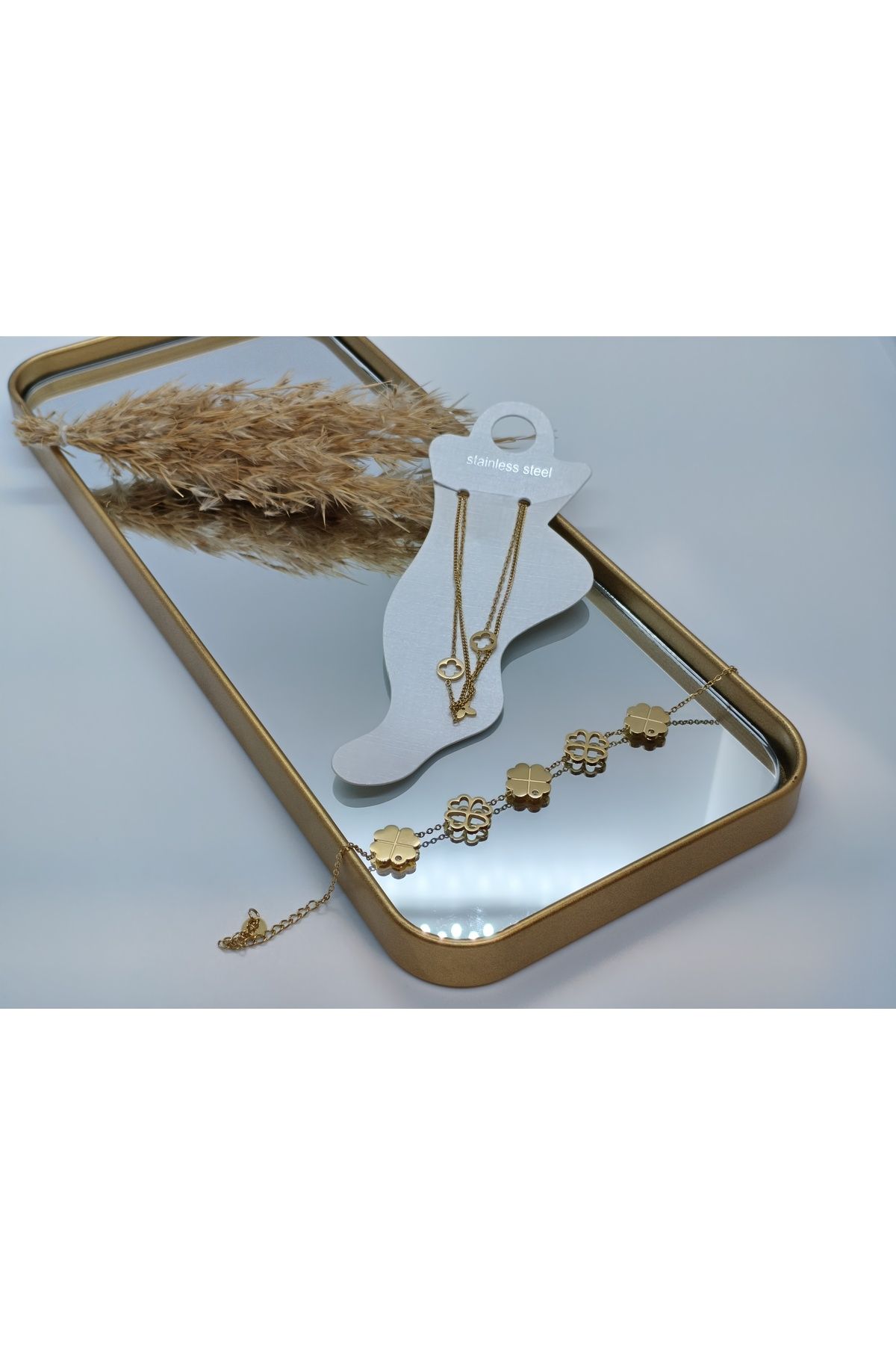 MONARE JEWELRY GOLD RENK HALHAL&BİLEKLİK SETİ PASLANMAZ ÇELİK SUYA VE KARARMAYA DAYANIKLI ANTİALERJİK