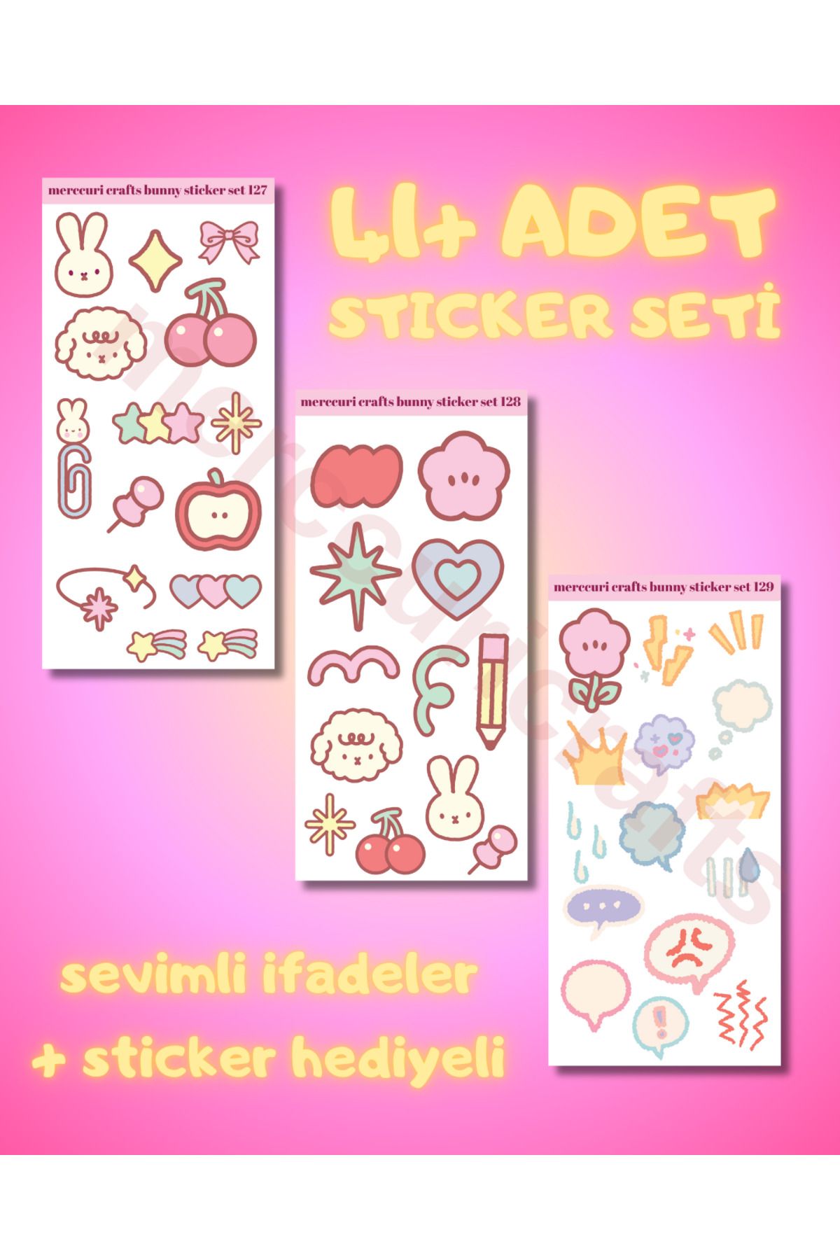 merccuri crafts 3'lü Sticker (41 adet) Sevimli İfadeler Sticker Seti - Planner, Ajanda, Defter, Scrapbooking, Tavşan