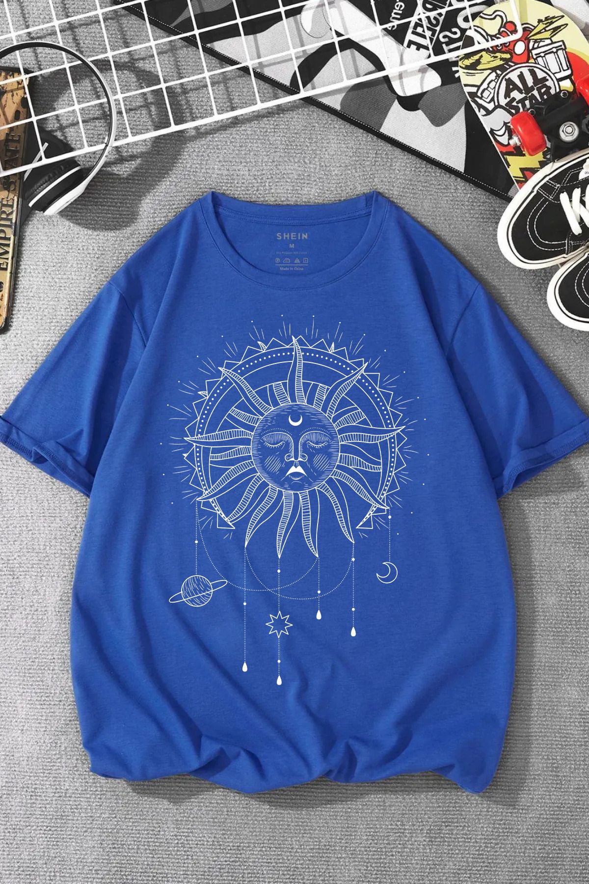 JAMPY Unisex Saks Mavi Güneş Baskılı Oversize T-shirt