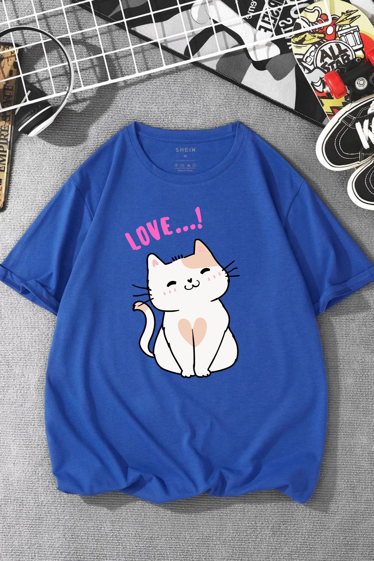 JAMPY Unisex Saks Mavi Cat Baskılı Oversize T-shirt