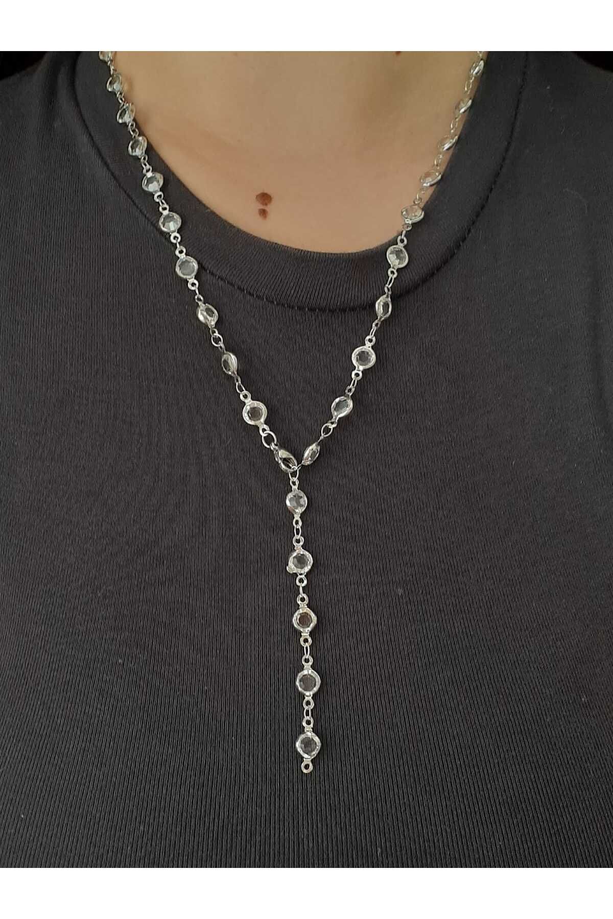 bijoux uniques Çelik Gümüş Oval Taşlı Y Kolye
