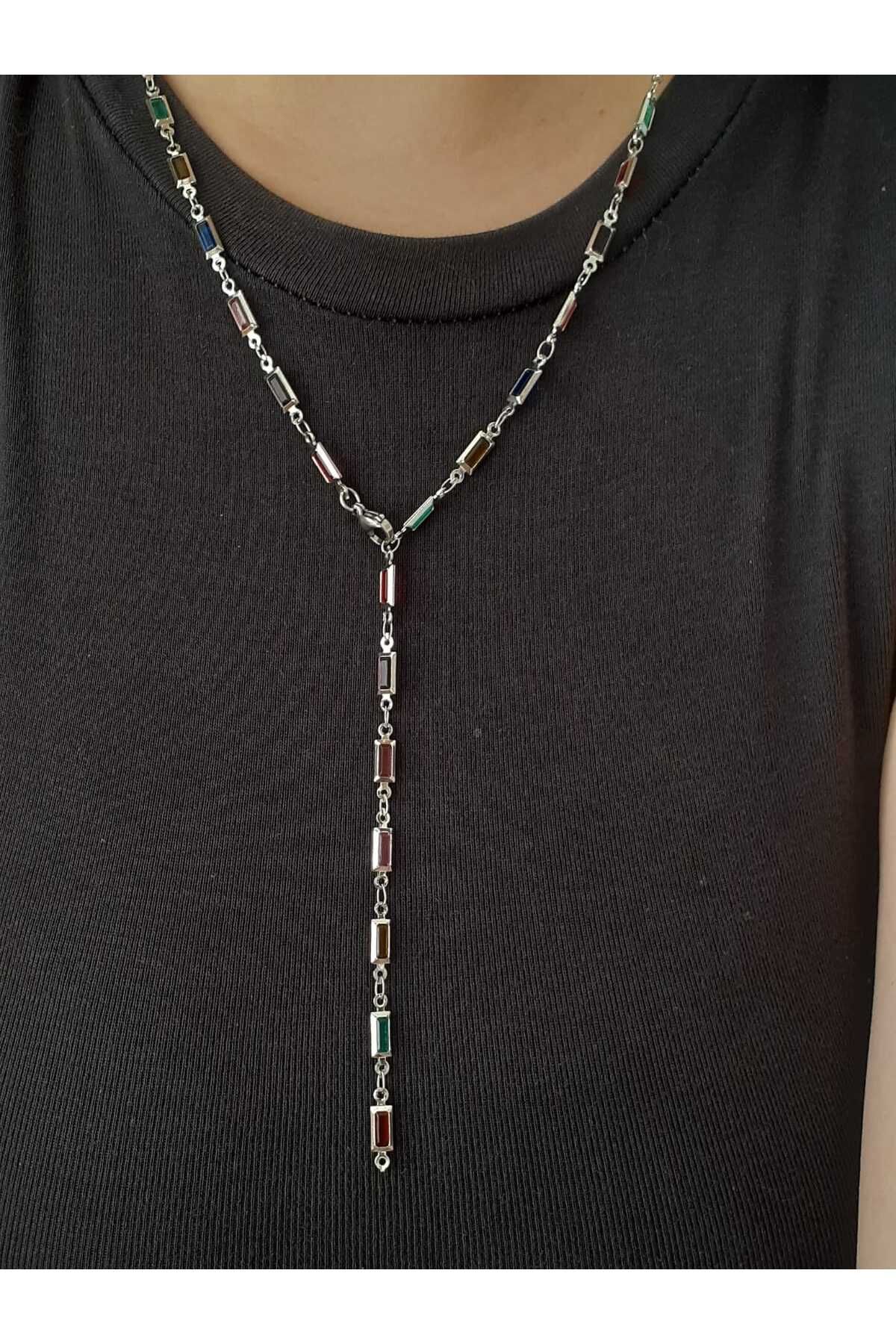 bijoux uniques Çelik Gümüş Dikdörtgen Çok Renkli Taşlı Y Kolye