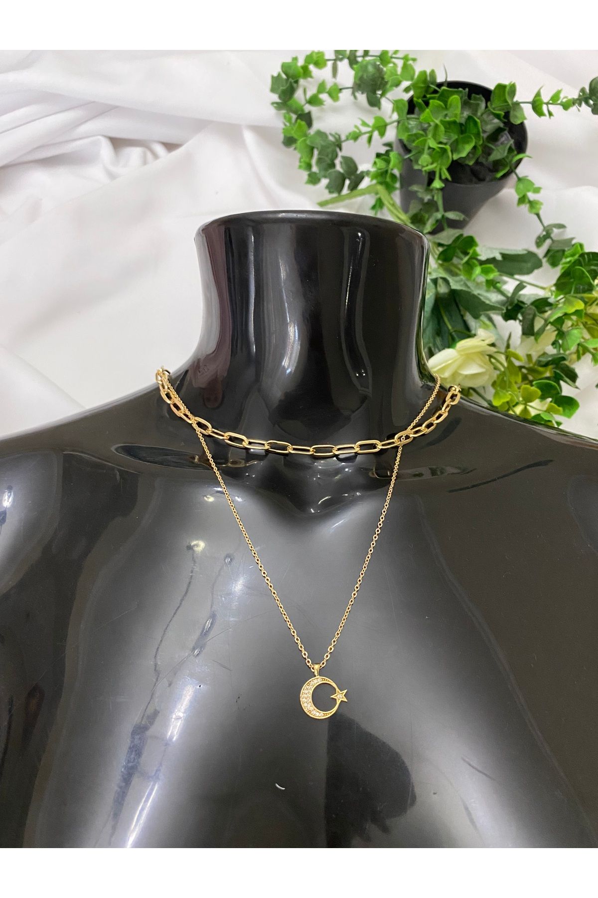 asem jewelry GOLD RENK ZİRKON TAŞLI AY YILDIZ FİGÜRLÜ ÇİFT ZİNCİR KOLYE