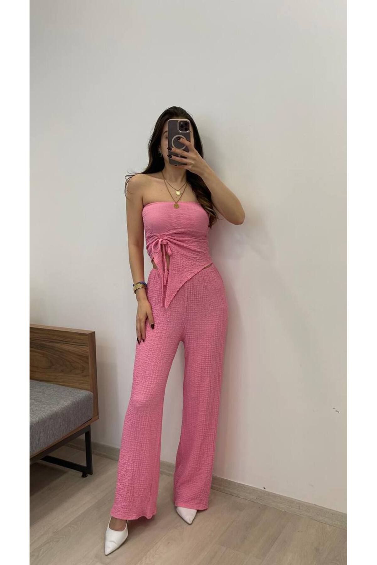 AÈC PRIVÈ Kadın Pembe Renk Straplez Büzgülü Bluz Salaş Rahat Pantolon İkili Takım