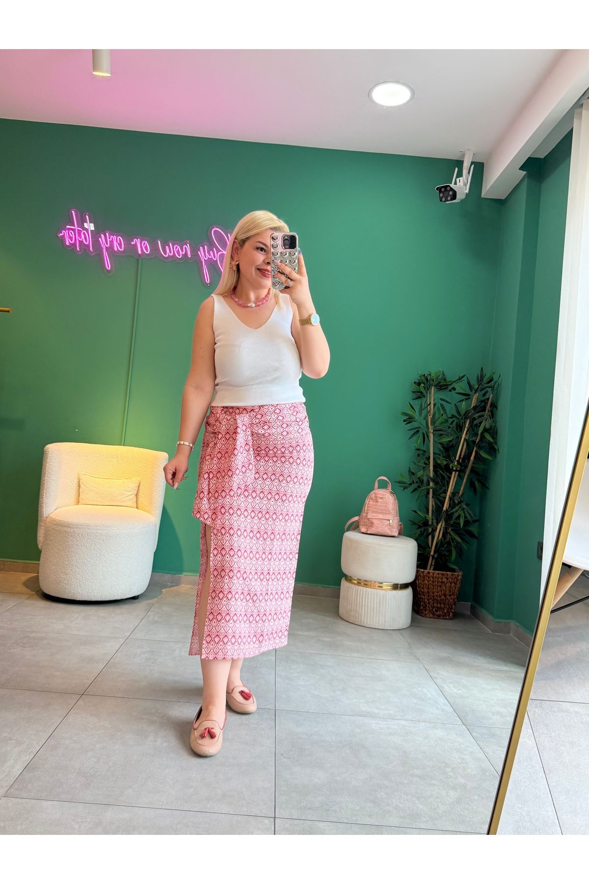 tuğba kumlu butik Etnik Desenli Pembe Maxi Etek