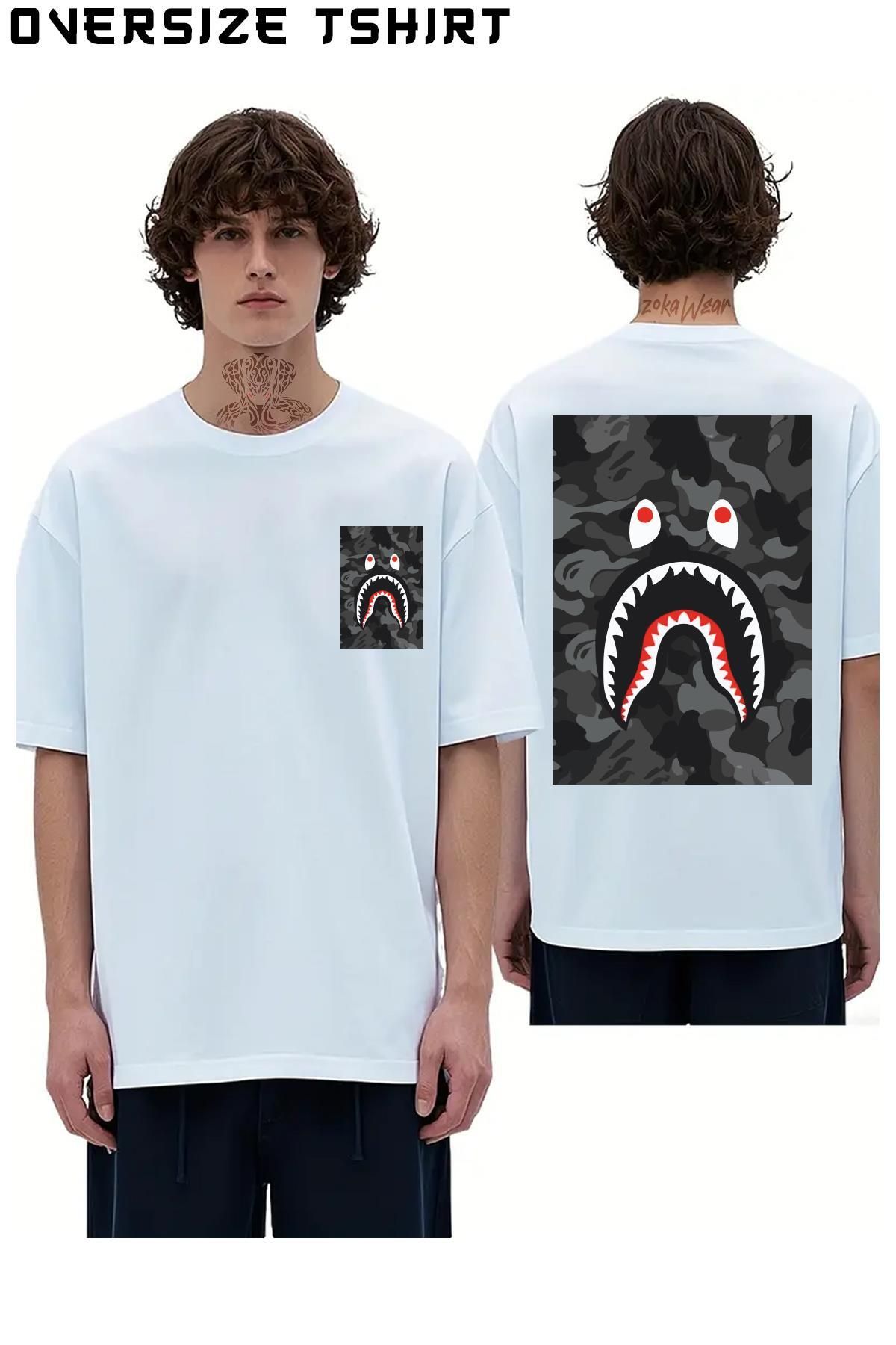 ZOKAWEAR Gray-Bape-Shark Sırt Baskılı Oversize Tişört