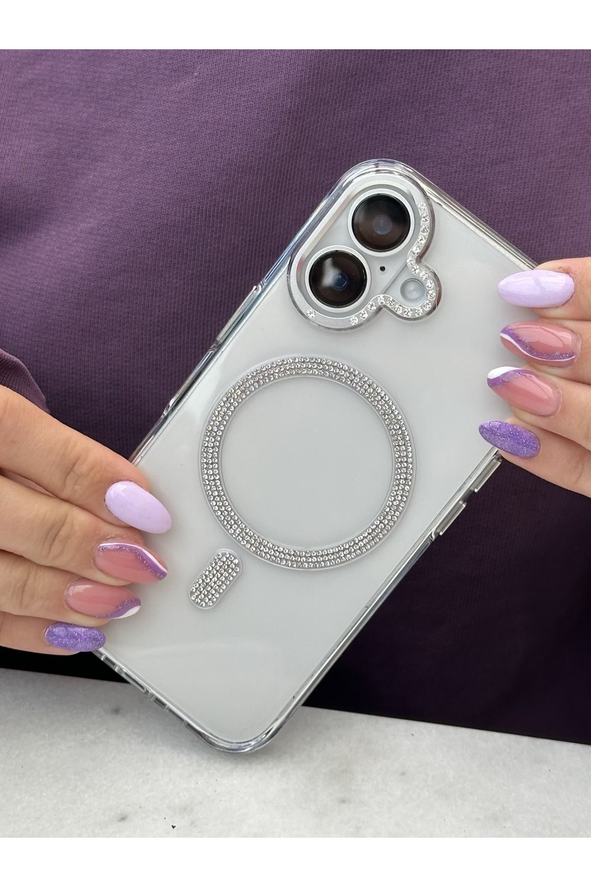 Paladyum Case iPhone 16 Uyumlu Sararmaz Sert Mika MagSafe Pırlanta Taşlı Şeffaf Kılıf