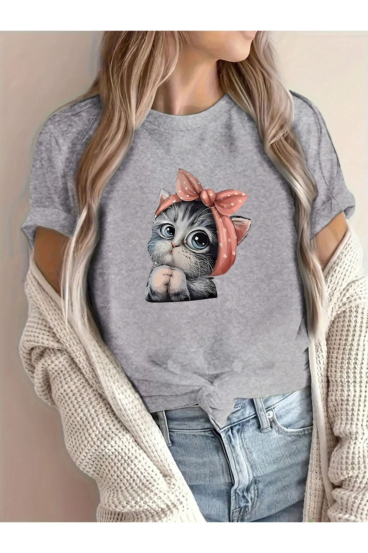 WOODROFFE Kadın Sevimli Kedi Baskılı Oversize Salaş Bisiklet Yaka T-shirt Boyfriend