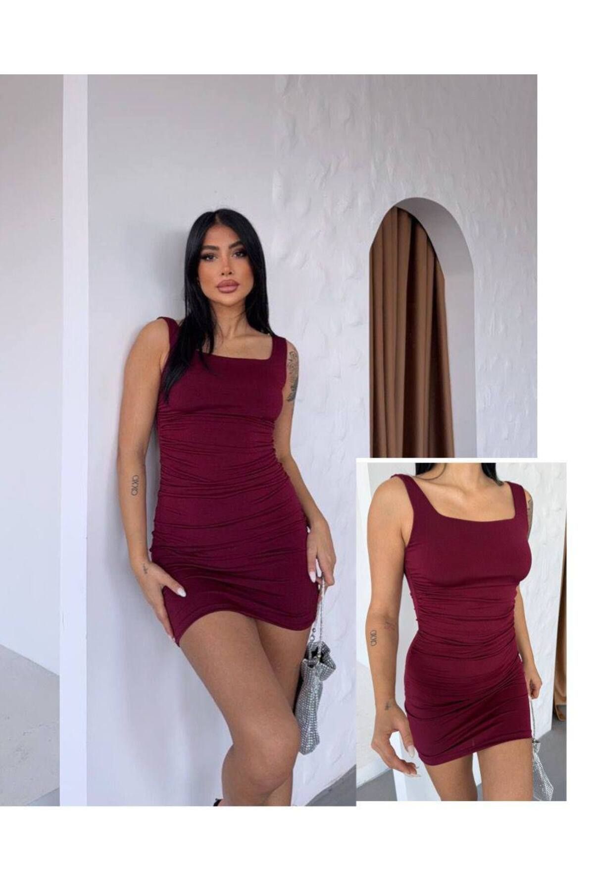 Freya Kadın Borda Sandy Kumaş Büzgü Detaylı Mini Elbise