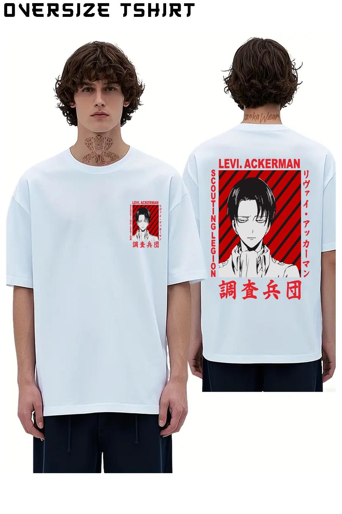 ZOKAWEAR Attack-on-titan-levi-ackerman-anime2-karakter Sırt Baskılı Oversize Tişört