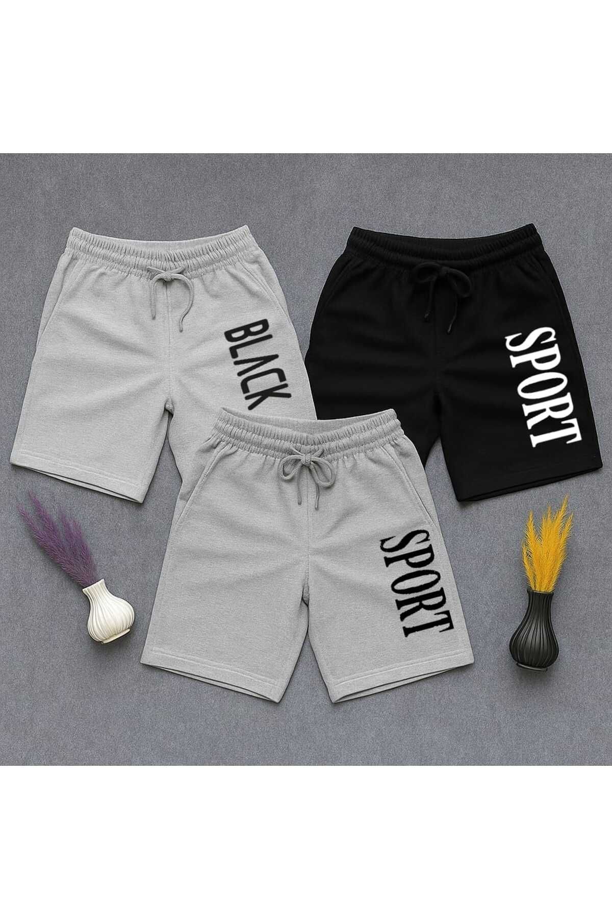 NETTENSTORE 3 LÜ SET BLACK VE SPORT BASKILI ERKEK RAHAT GİYİM TATİL ŞORT