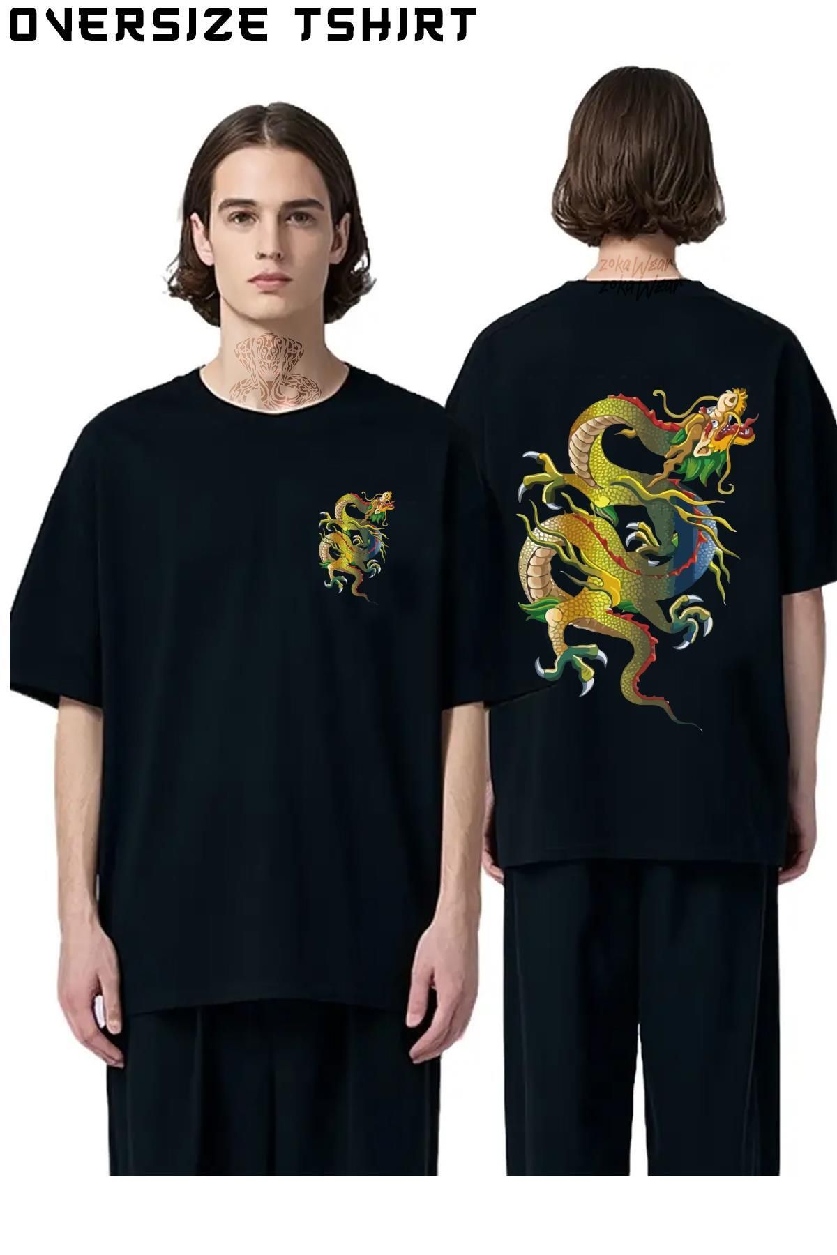 ZOKAWEAR China-Dragon-Ejderha Sırt Baskılı Oversize Tişört