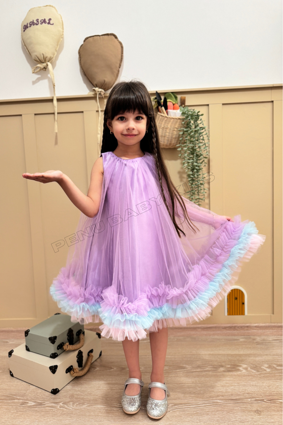 penu baby kids Lila Jile Eteği 3 Şeritli Renkli Fırfırlı Tül Altı Saten Pamuk Astarlı Kız Çocuk Kız Bebek Elbise fotoğrafı 2 (önizleme)