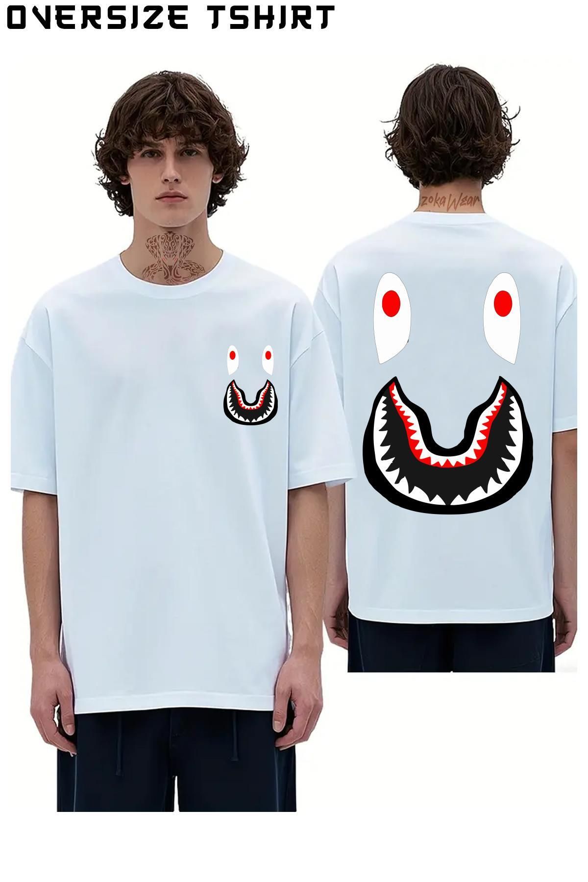 ZOKAWEAR Bape-Shark-Gülen-Surat Sırt Baskılı Oversize Tişört