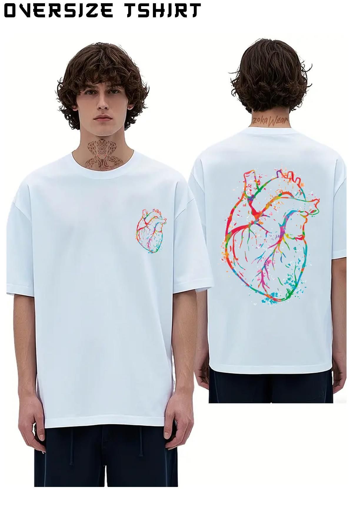 ZOKAWEAR Renkli-Kalp-Doktor-Sağlık-Tıp Sırt Baskılı Oversize Tişört