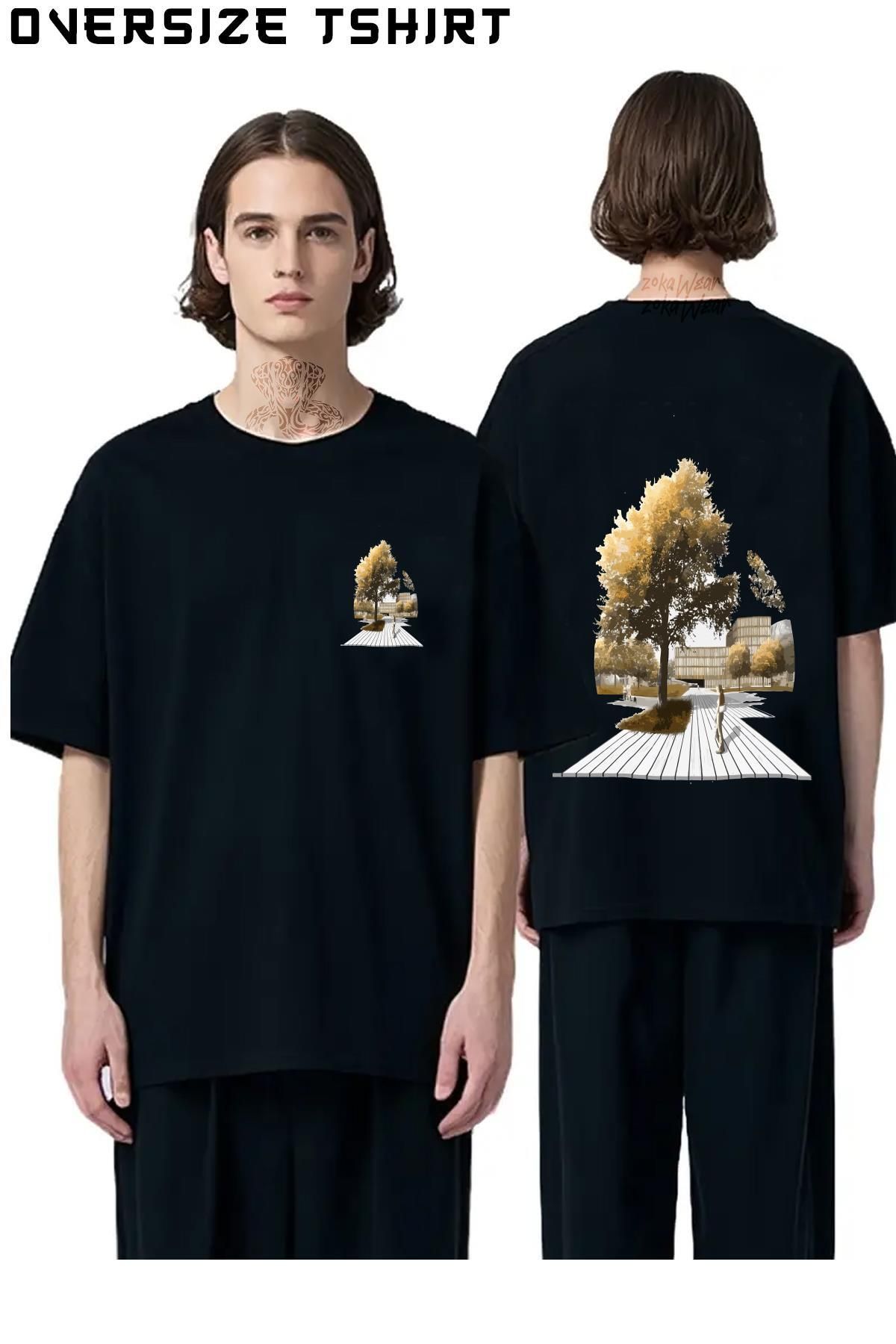 ZOKAWEAR Mimari-Bahçe Sırt Baskılı Oversize Tişört