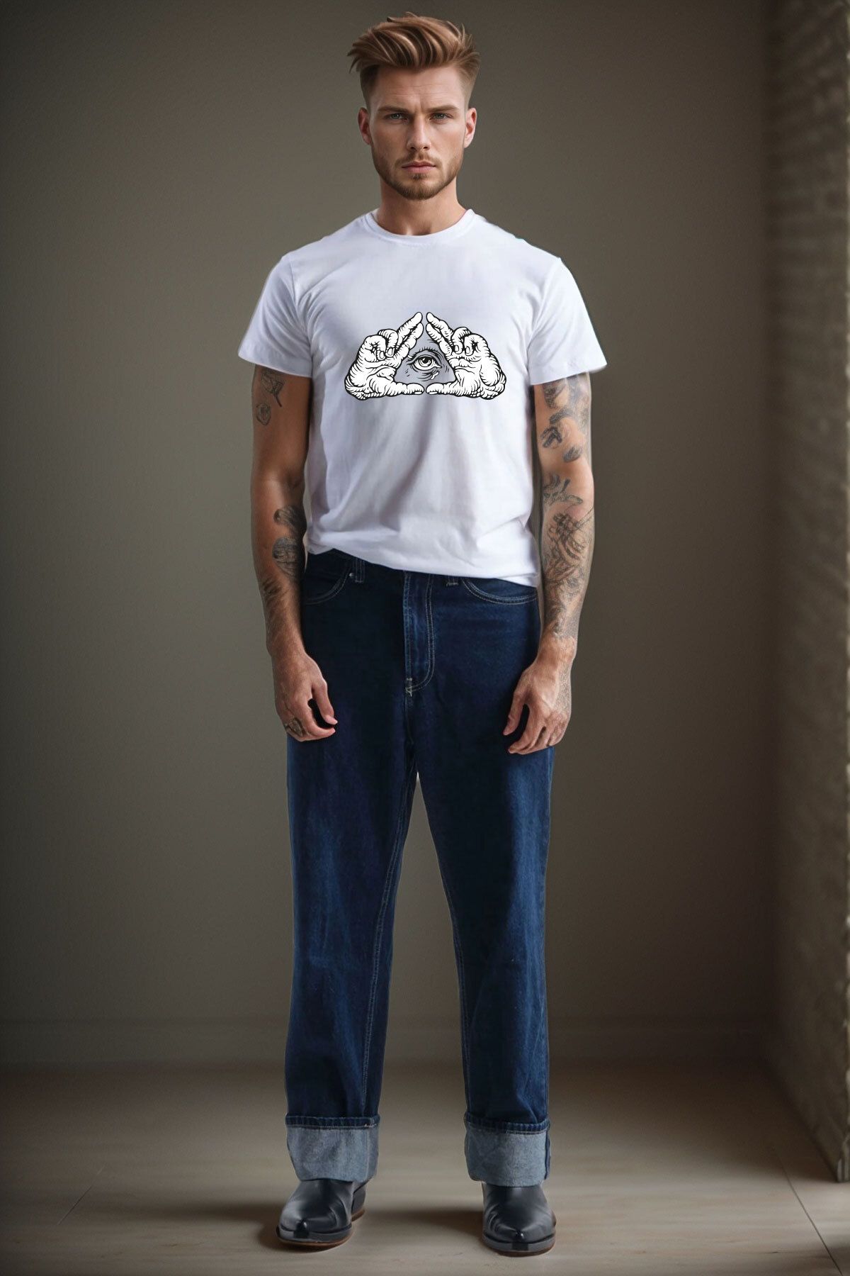 onsrawear Unısex Gizemli Göz Sembolü ve El Figürü Baskılı %100 Pamuk Basic T-shirt