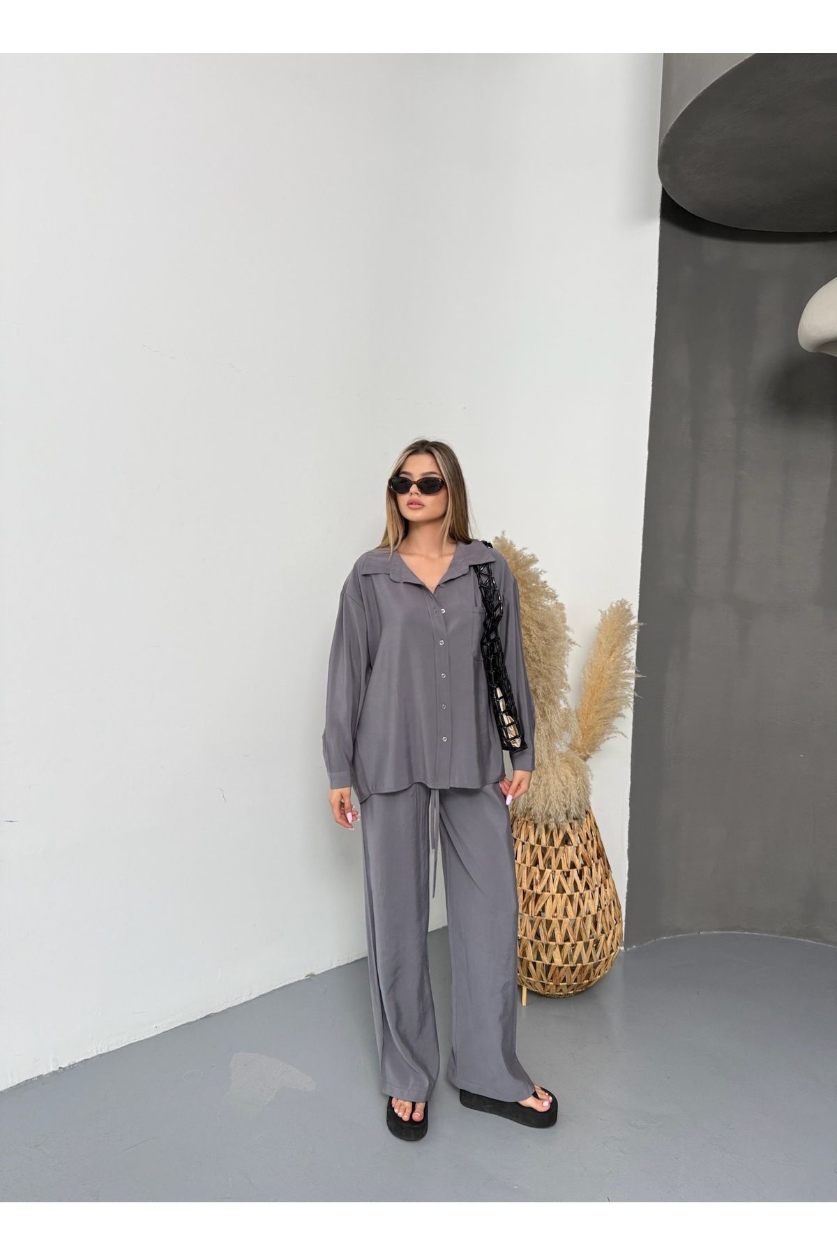 BEJNA Kadın Oversize Modal Gömlek Pantolon Takım