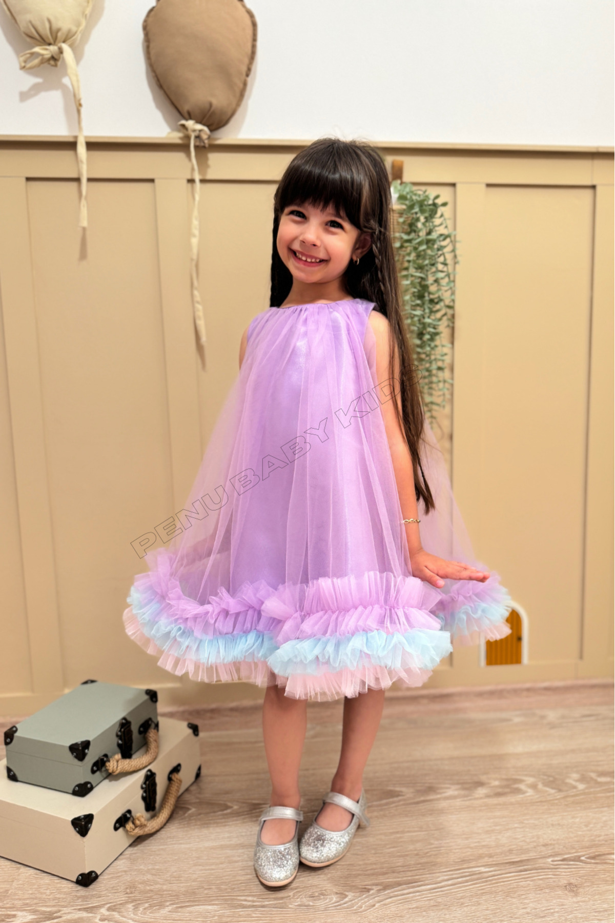 penu baby kids Lila Jile Eteği 3 Şeritli Renkli Fırfırlı Tül Altı Saten Pamuk Astarlı Kız Çocuk Kız Bebek Elbise fotoğrafı 4 (önizleme)