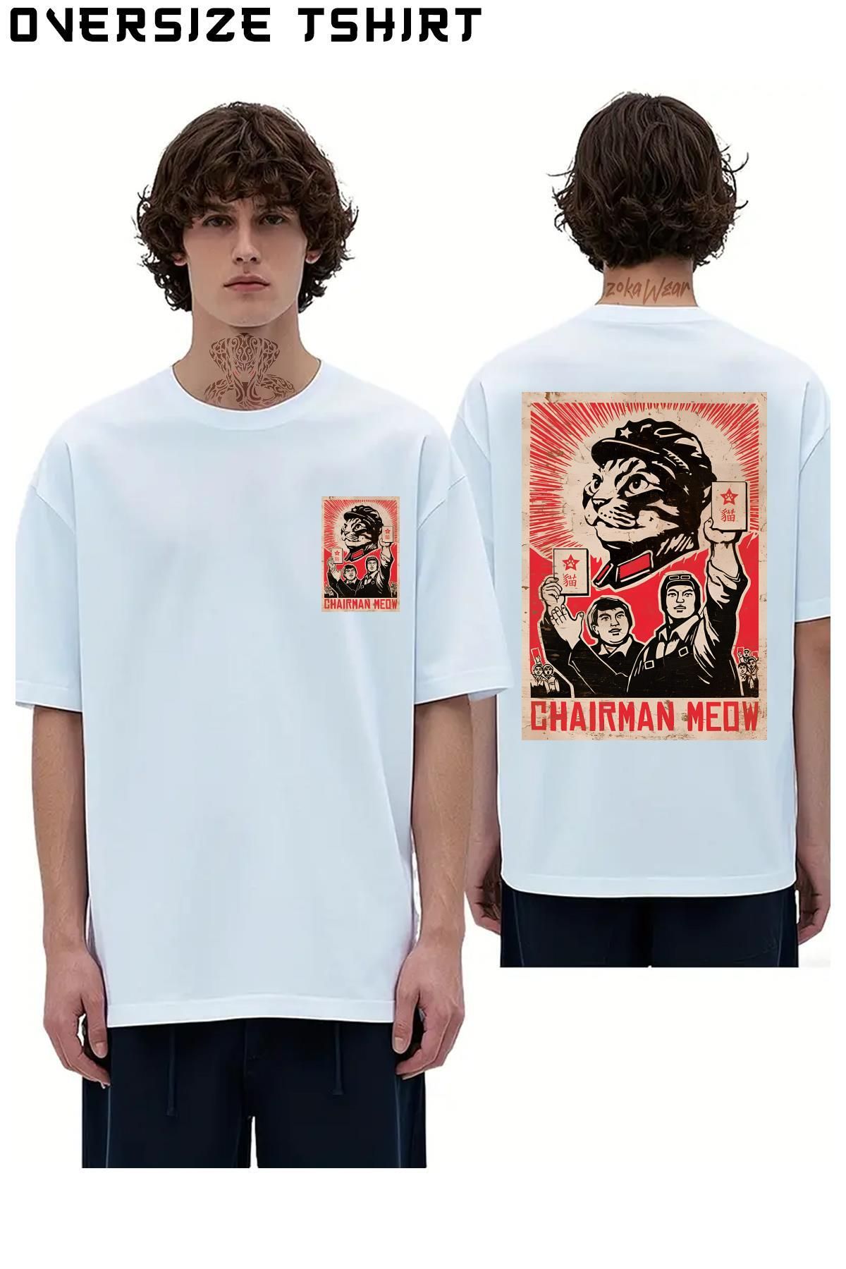ZOKAWEAR Meow-Mao-China-Cat-Meme Sırt Baskılı Oversize Tişört