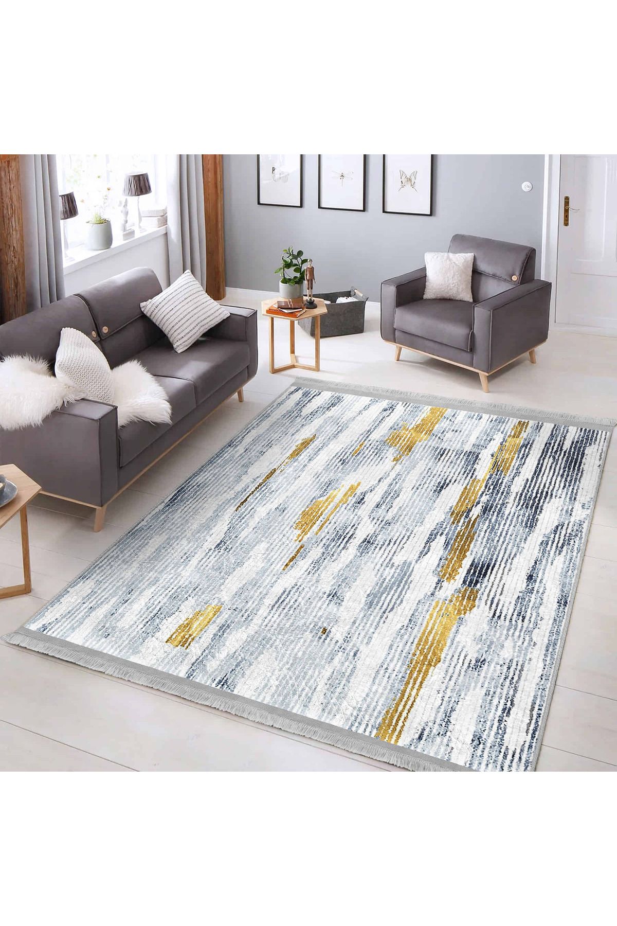 Realhomes Mavi–Altın Yansımalarla Tasarlanmış Modern Stripe Desenli Yıkanabilir Kaymaz Tabanlı