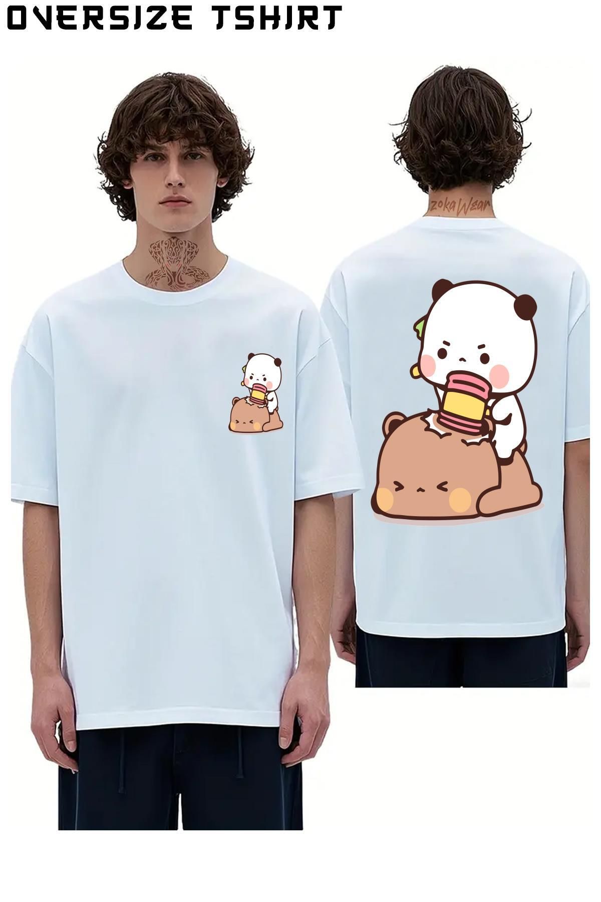 ZOKAWEAR Panda-And-Brownie-Bear-Couple Sırt Baskılı Oversize Tişört