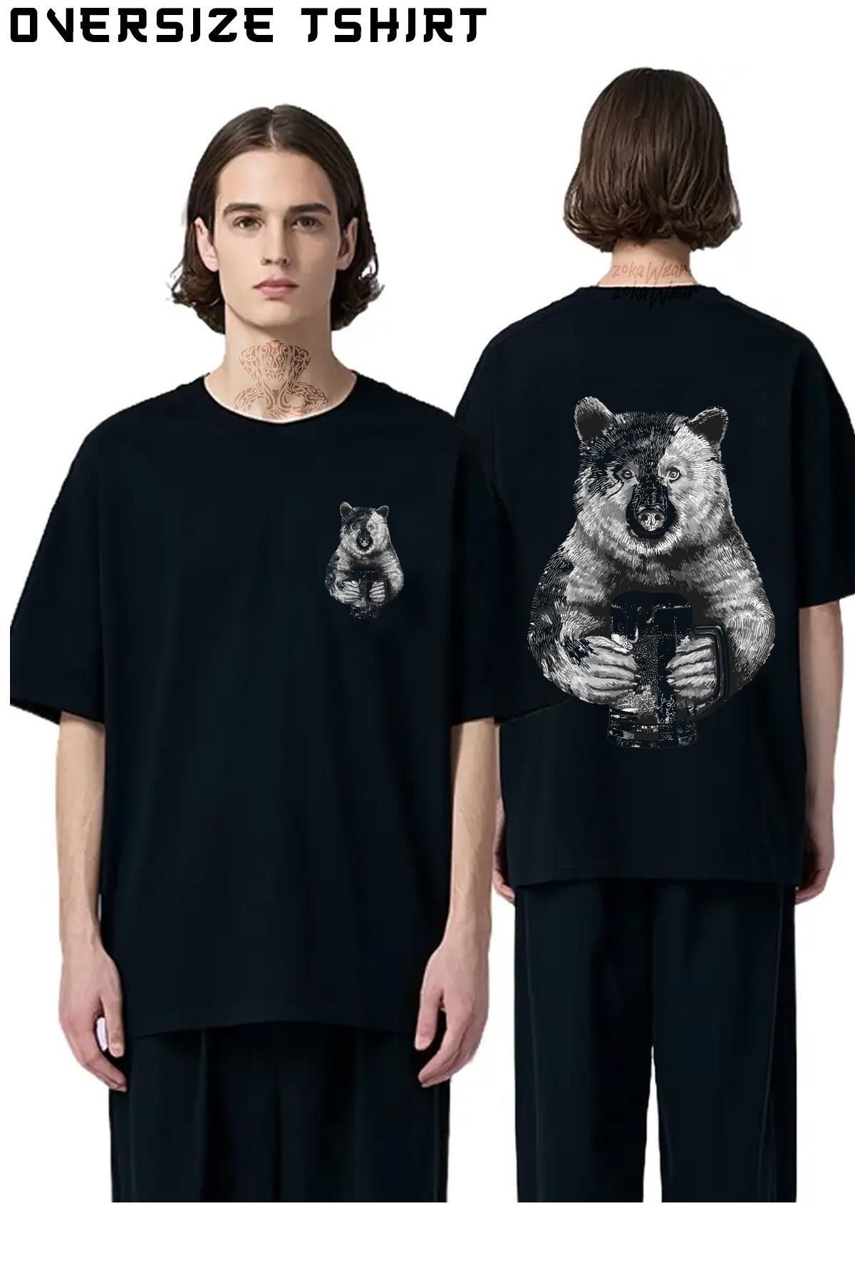 ZOKAWEAR Bear-Beer Sırt Baskılı Oversize Tişört
