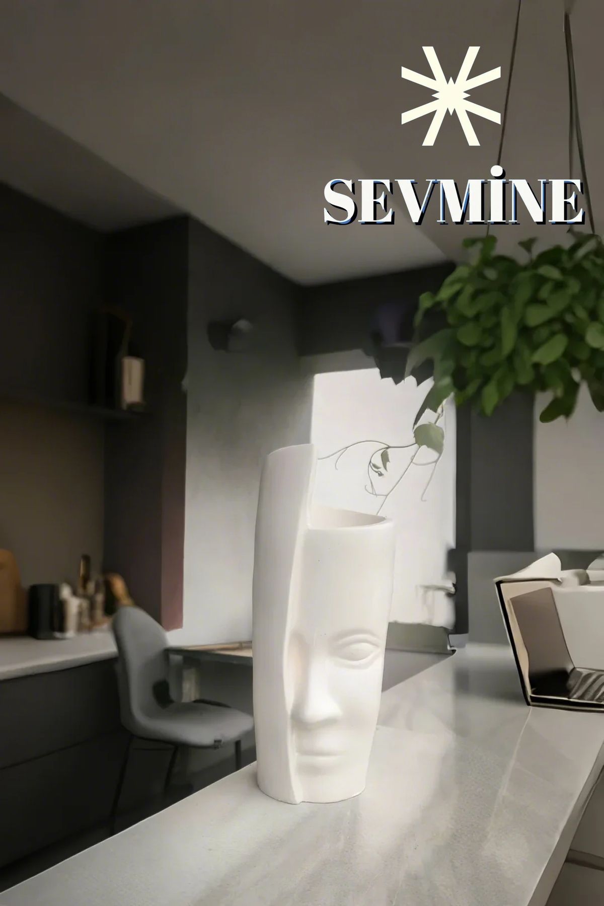 SEVMİNE Bohem Iskandinav Kırık Beyaz Tek Yüz Beton Vazo 31 Cm | Hediyelik Modern Şık Tasarım
