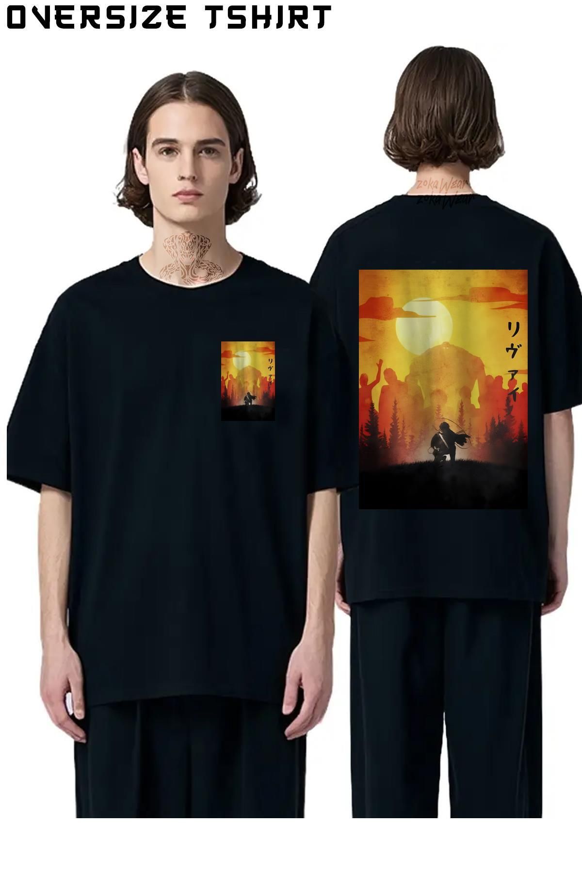 ZOKAWEAR Attack-On-Titan-Illüstrasyon-Anime-Karakter Sırt Baskılı Oversize Tişört
