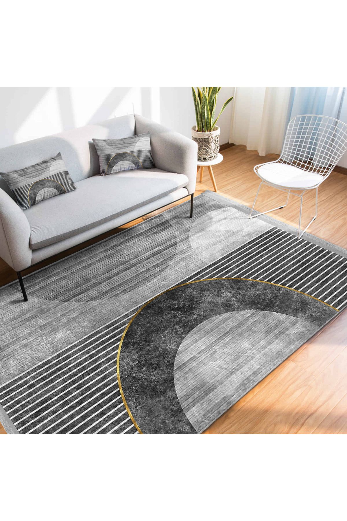 Realhomes Gri–Beyaz Modern Desenli Geometrik Çizgili Dijital Baskı Yıkanabilir Kaymaz Taban Halı