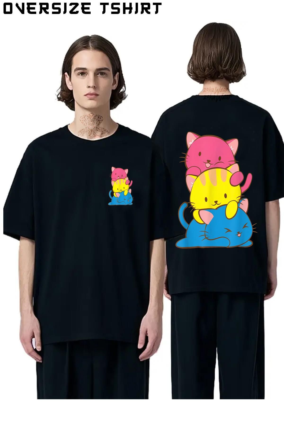 ZOKAWEAR Pansexual-Kawaii-Cat Sırt Baskılı Oversize Tişört
