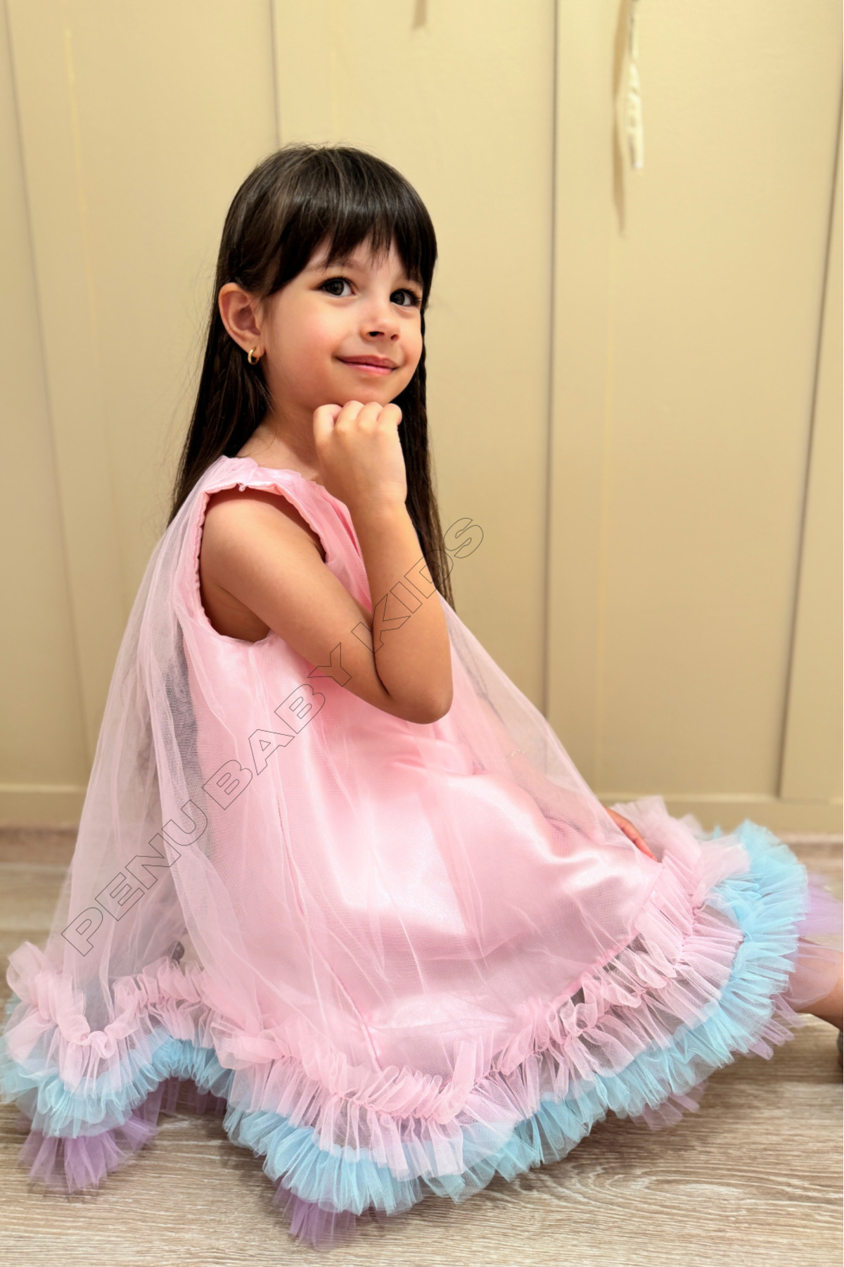 penu baby kids Pembe Jile Eteği 3 Şeritli Renkli Fırfırlı Tül Altı Saten Pamuk Astarlı Kız Çocuk Kız Bebek Elbise fotoğrafı 5 (önizleme)