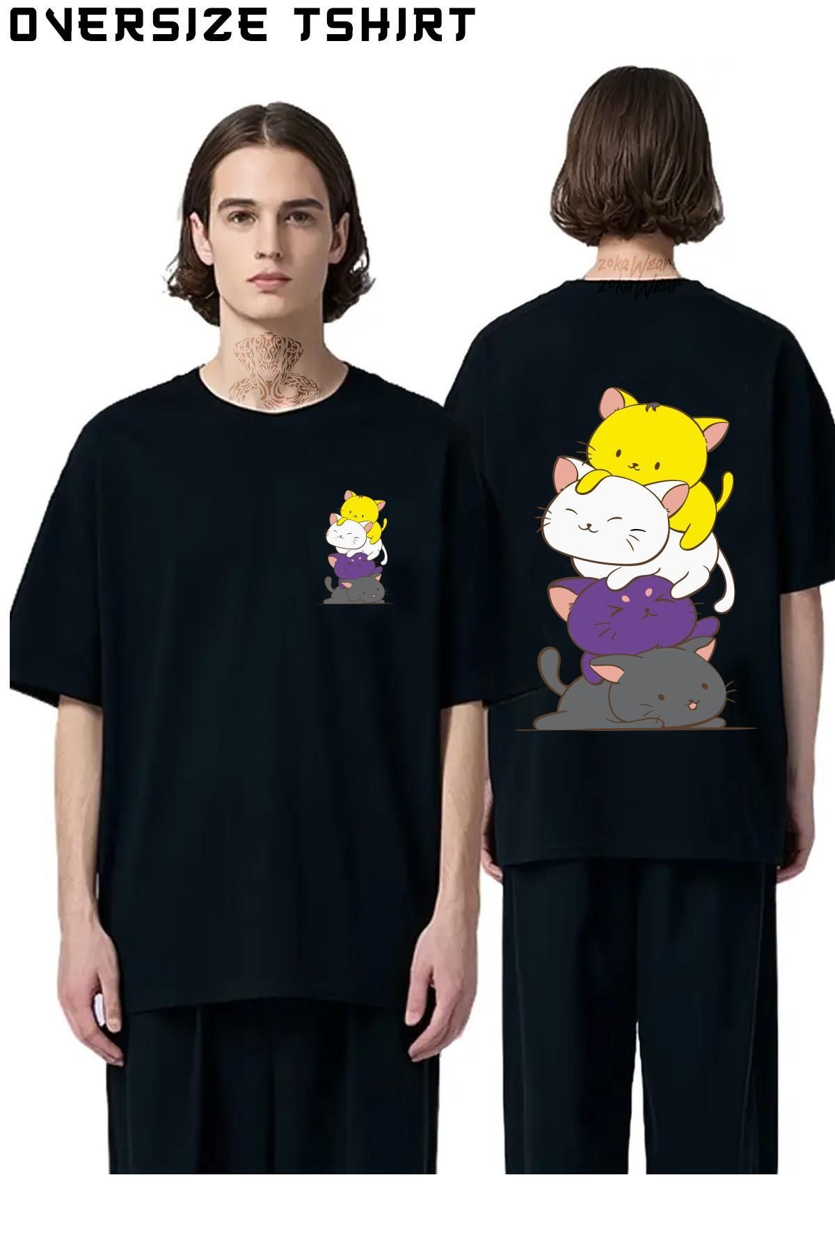 ZOKAWEAR Nonbinary-Pride-Flag-Kawaii-Cats-Cute-Lgbtq Sırt Baskılı Oversize Tişört