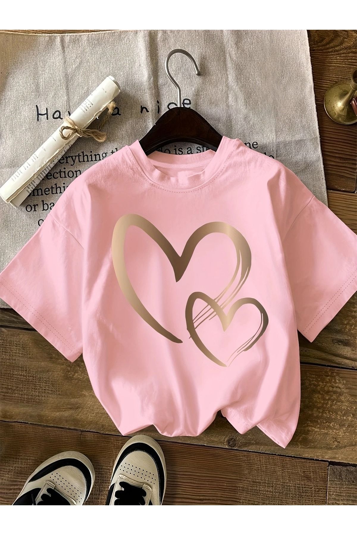 WOODROFFE Kadın Gold Kalp Baskılı Oversize Bisiklet Yaka T-shirt