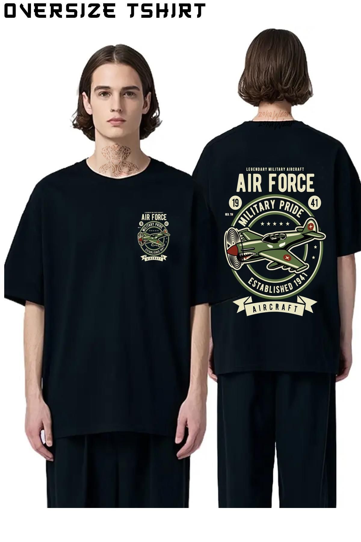 ZOKAWEAR Airforce,-Military-Aircraft,-Uçak,-Airplane,-Pilot Sırt Baskılı Oversize Tişört