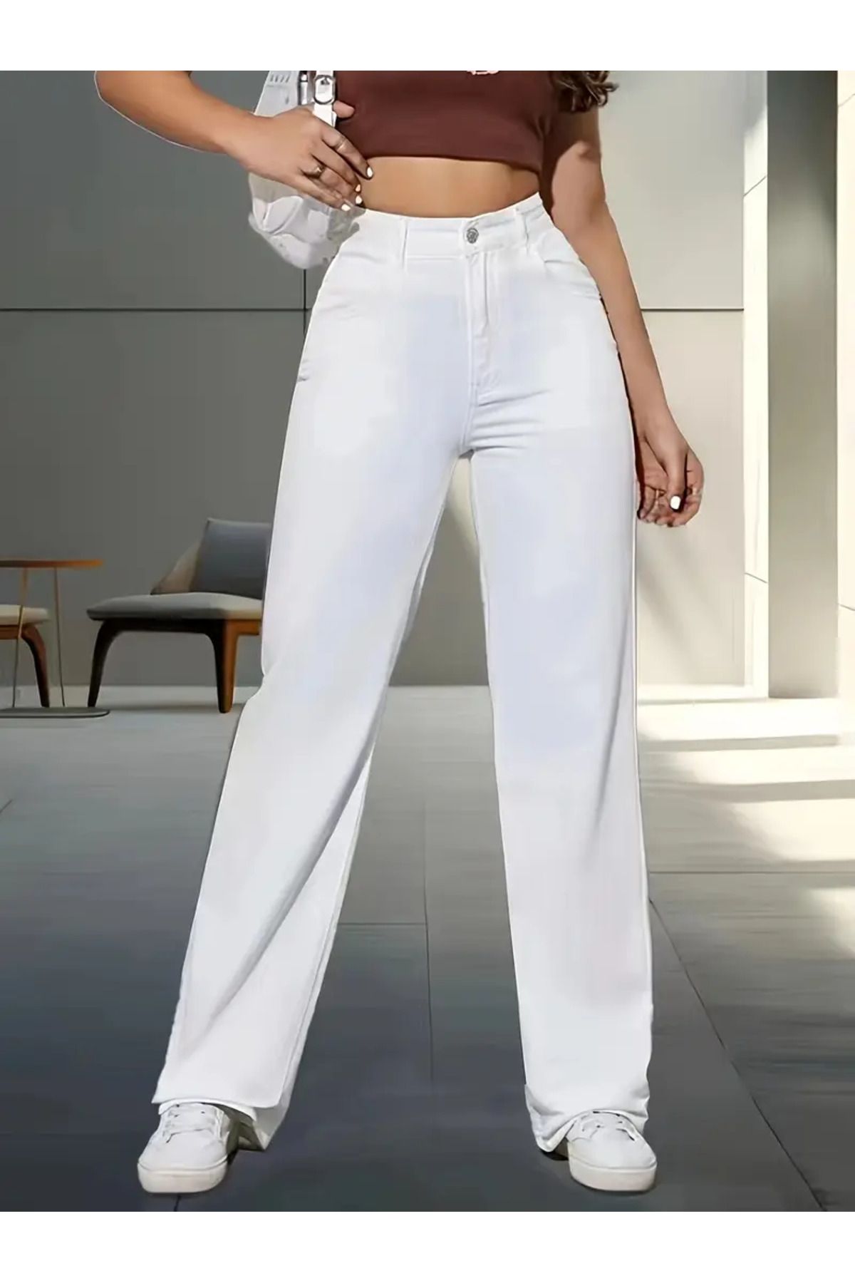 beeke Kayla Beyaz Palazzo Süper Yüksek Bel Wide Leg Jeans Likralı Salaş Paça Denim Kot Pantolon
