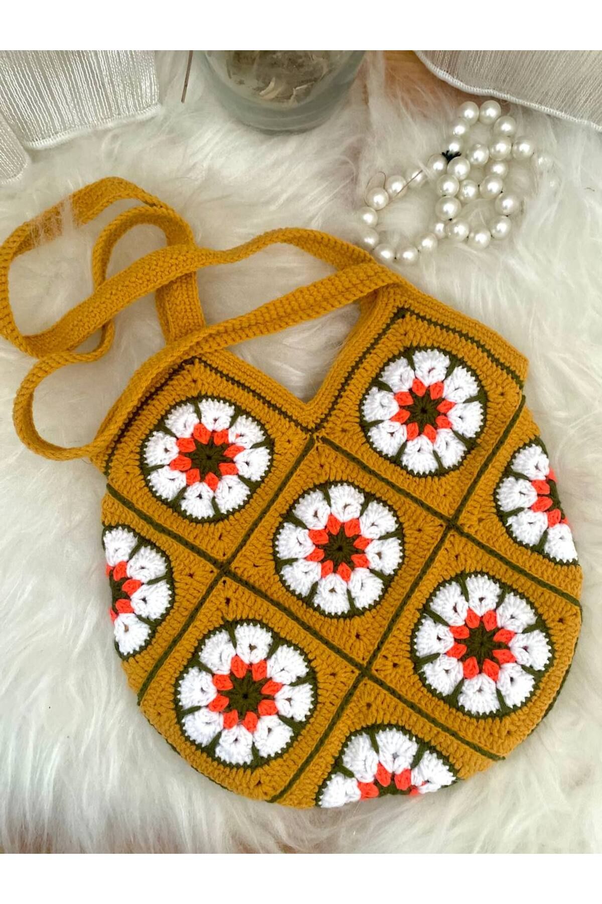 HanimLoop El Yapımı Renkli Granny Square Örgü Çanta – Retro Bohem Omuz Çantası | Astarlı