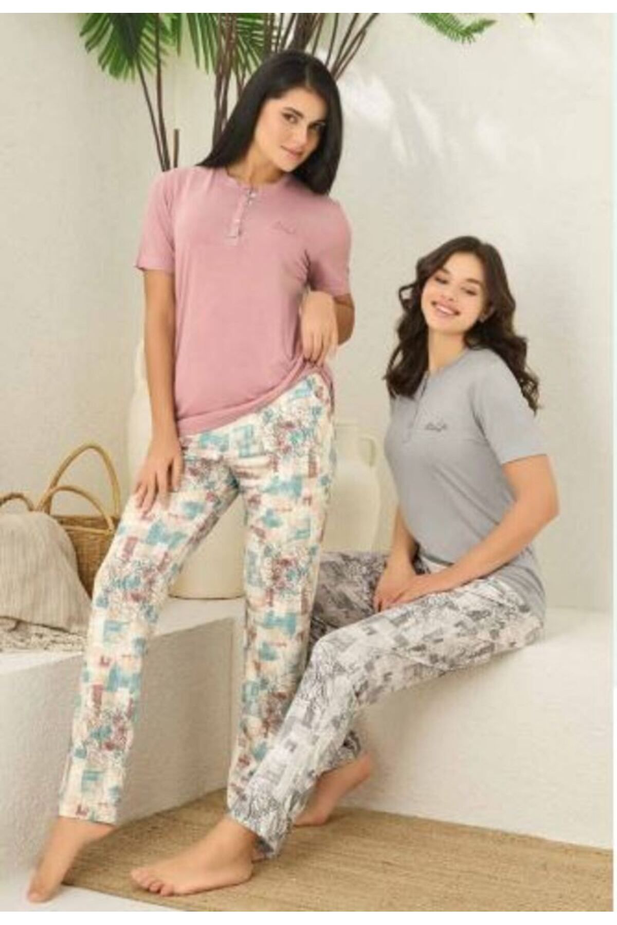 Rozalinda Yazlık Pijama Takımı Bambu Kumaş Uzun Kollu Battal Boy