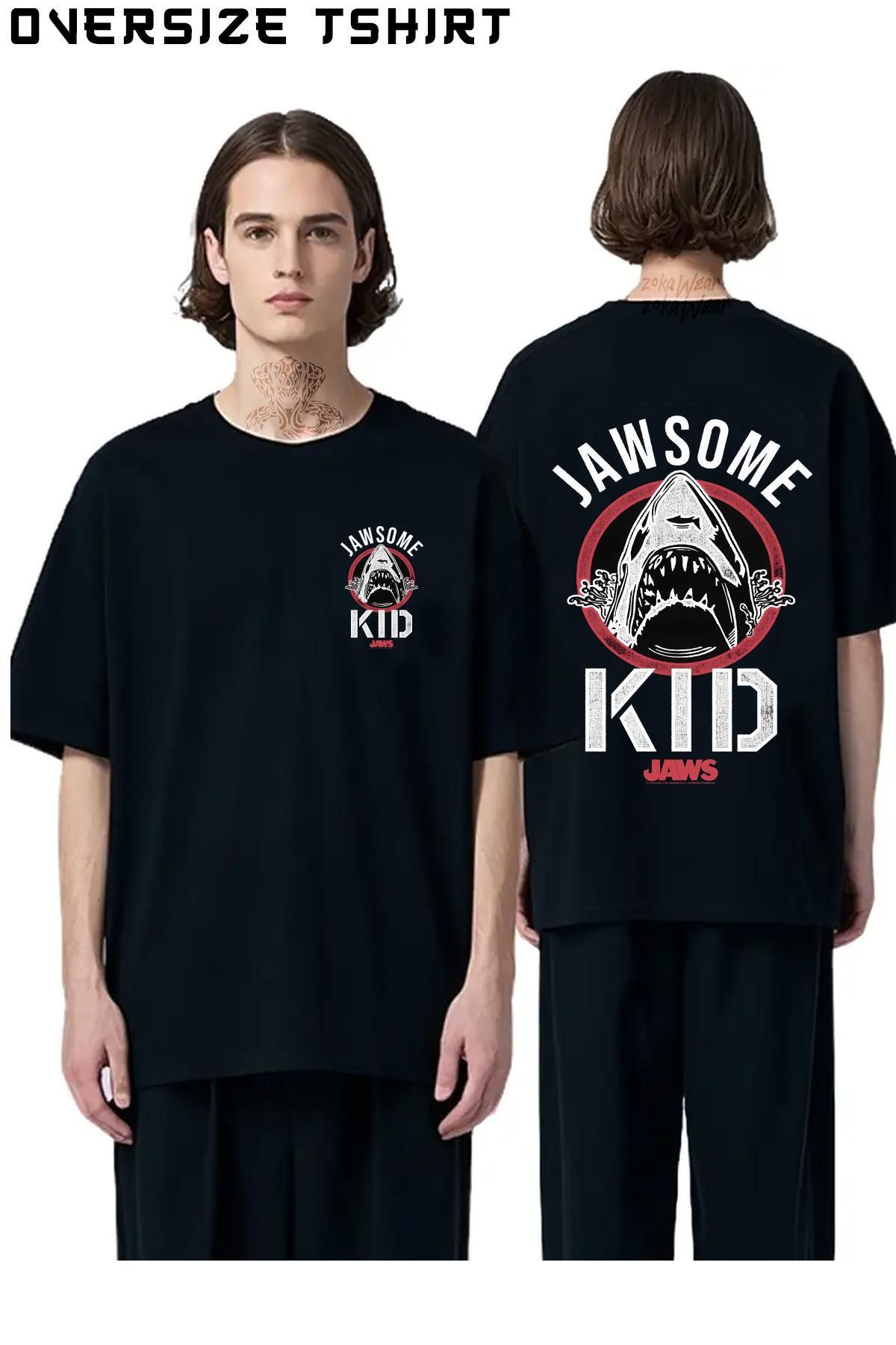 ZOKAWEAR Jaws-Jawsome-Kid-Shark Sırt Baskılı Oversize Tişört