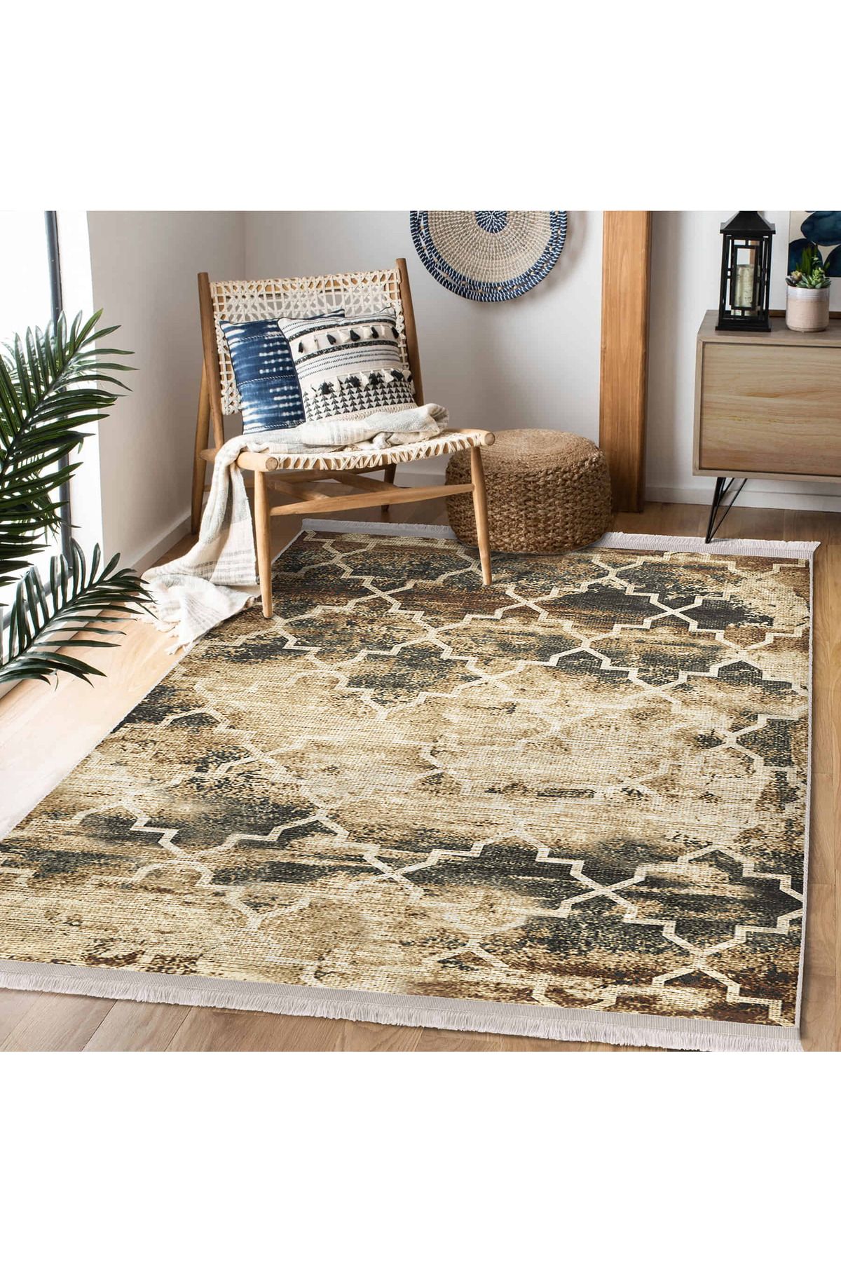Realhomes Beyaz & Kahverengi Geometrik Desenli Yıkanabilir Kaymaz Taban Salon Halısı