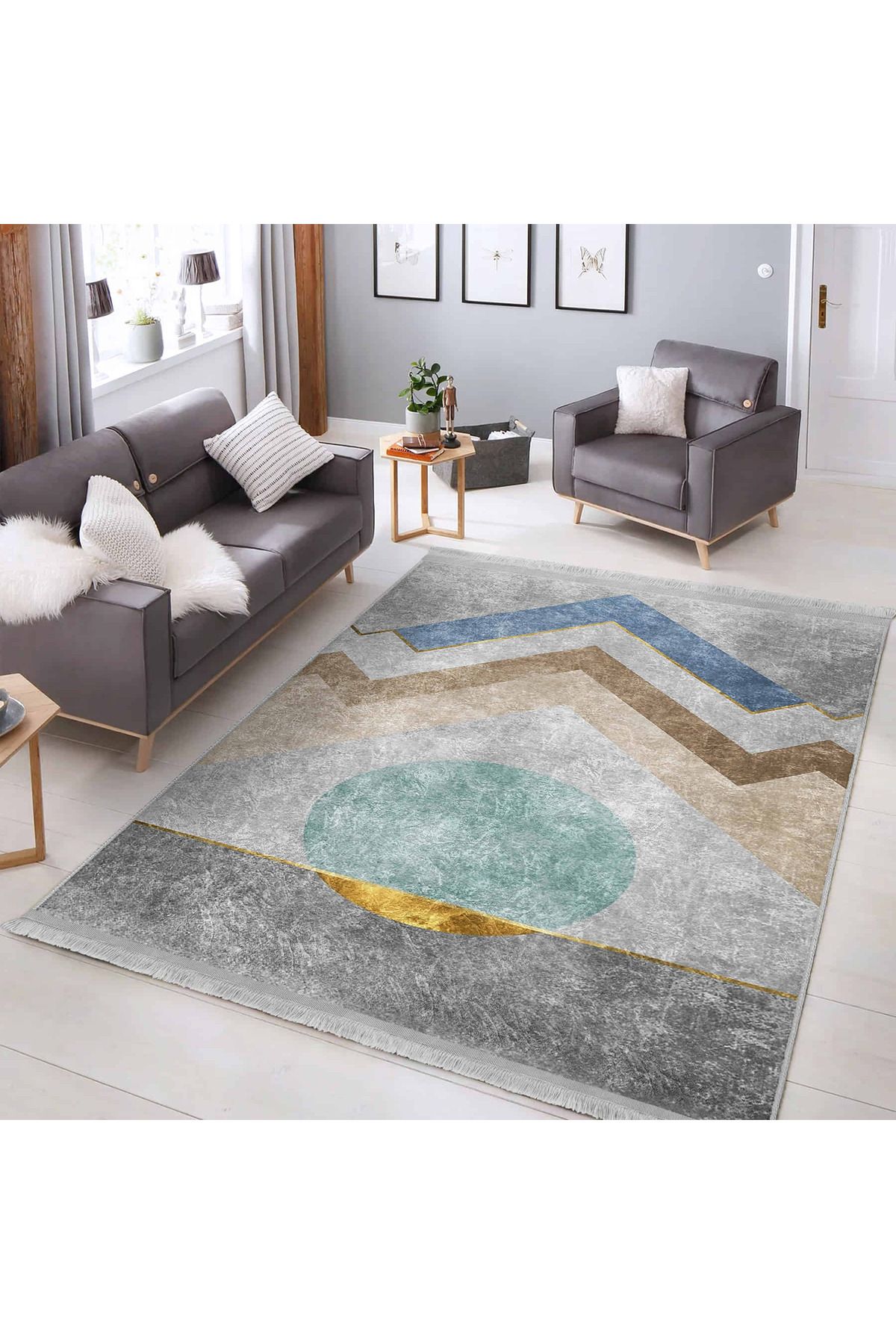Realhomes Modern Geometrik Desenli Mavi ve Altın Renkli Salon Halısı - Yıkanabilir Kaymaz Tabanlı