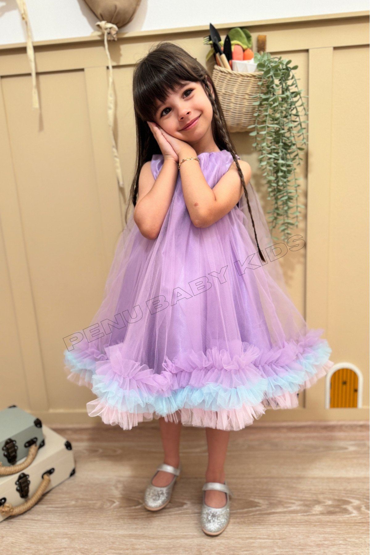 penu baby kids Lila Jile Eteği 3 Şeritli Renkli Fırfırlı Tül Altı Saten Pamuk Astarlı Kız Çocuk Kız Bebek Elbise fotoğrafı 3 (önizleme)