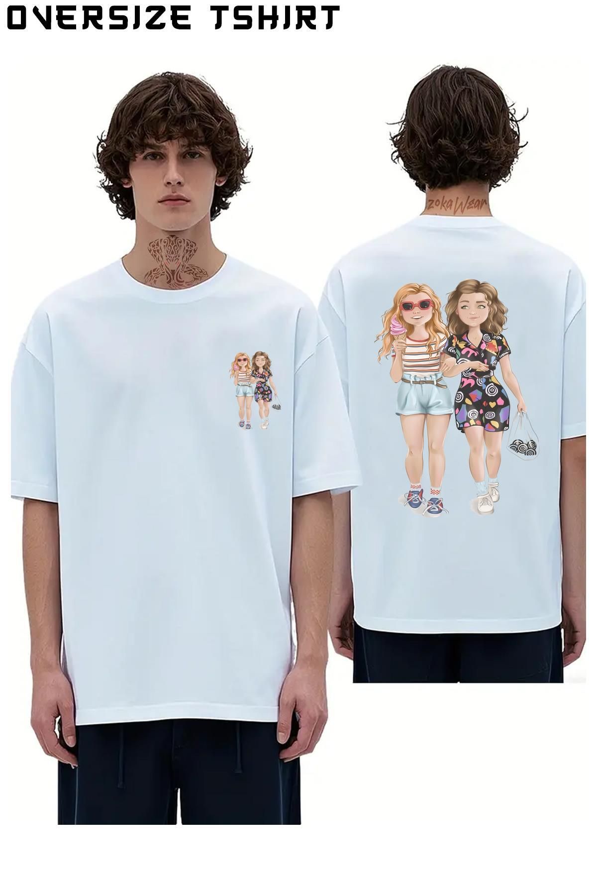 ZOKAWEAR Cute-Eleven-And-Max-Stranger-Things-Dump-His-Ass Sırt Baskılı Oversize Tişört