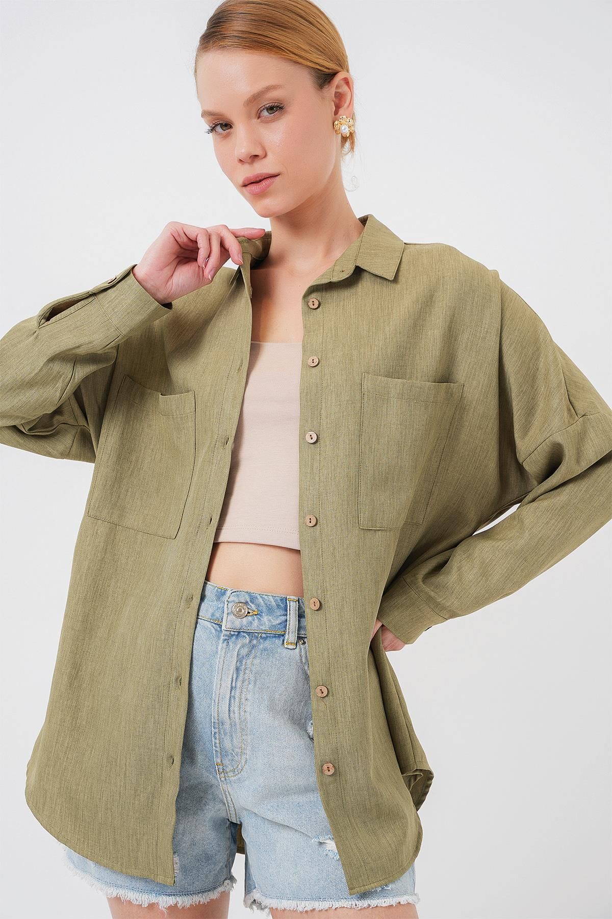 MODAMAİSA Oversize Keten Gömlek - Çağla