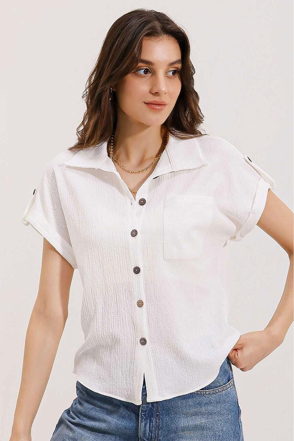 MODAMAİSA Kısa Kol Oversize Örme Gömlek - Beyaz