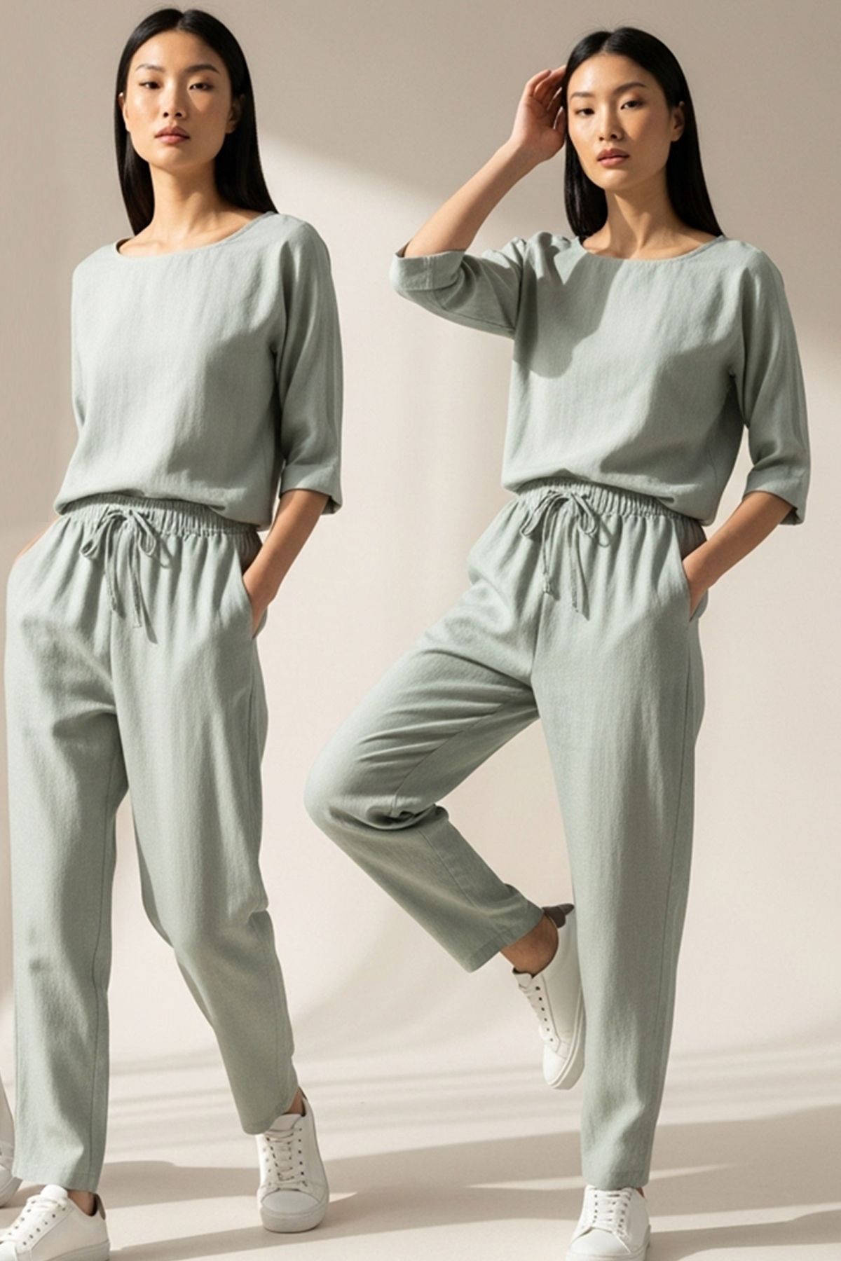 DARK AND BRIGHT Minimalist Keten Ev Giyim Pantolonu Kadın Günlük Keten Beli Bağcıklı Kadın Pantolon