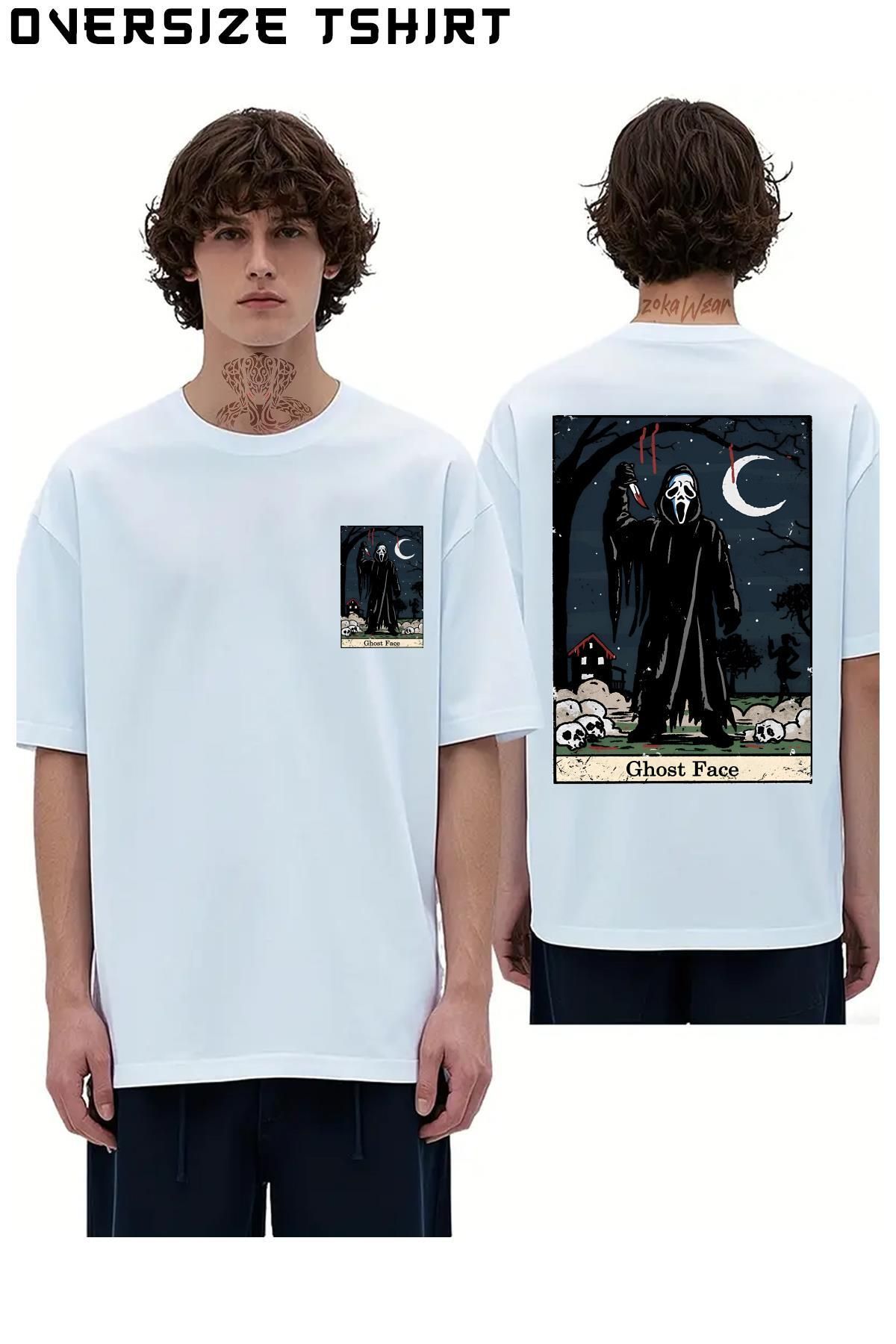 ZOKAWEAR Ghost-Face-Tarot-Card Sırt Baskılı Oversize Tişört