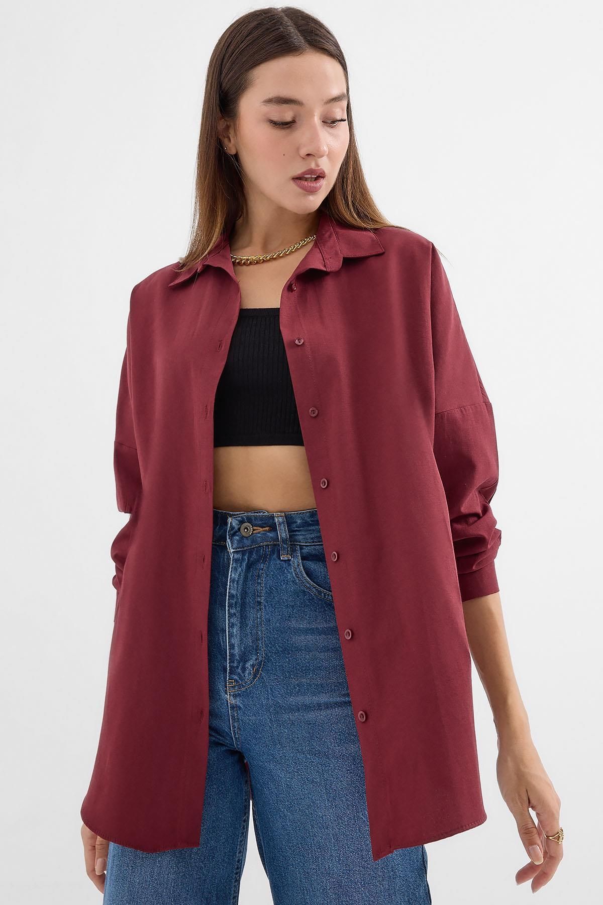 MODAMAİSA Kadın Oversize Mürdüm Uzun Basic Gömlek