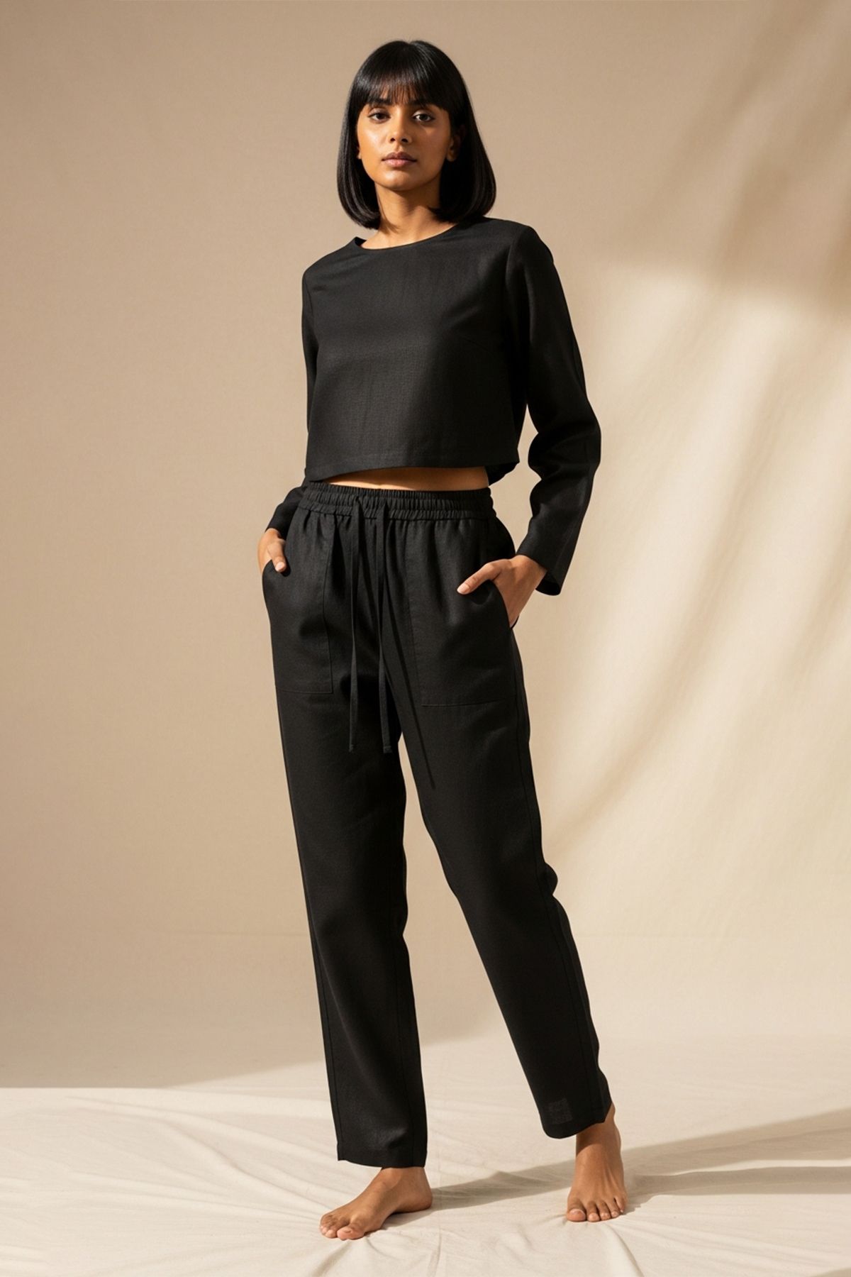 DARK AND BRIGHT Minimalist Keten Ev Giyim Pantolonu Kadın Günlük Keten Beli Bağcıklı Kadın Pantolon